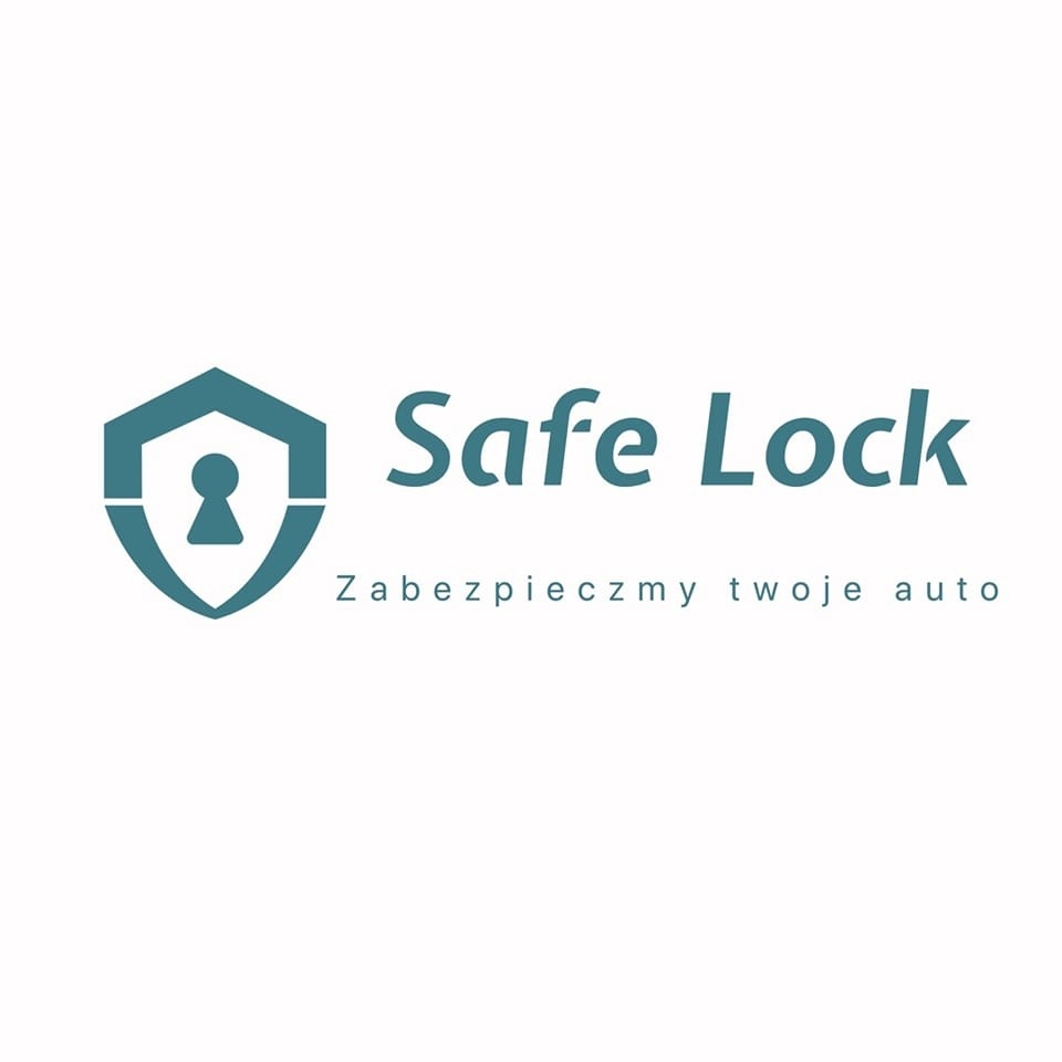 Logo firmy Safe Lock z symbolem kłódki w tarczy i hasłem 'Zabezpieczmy twoje auto'.
