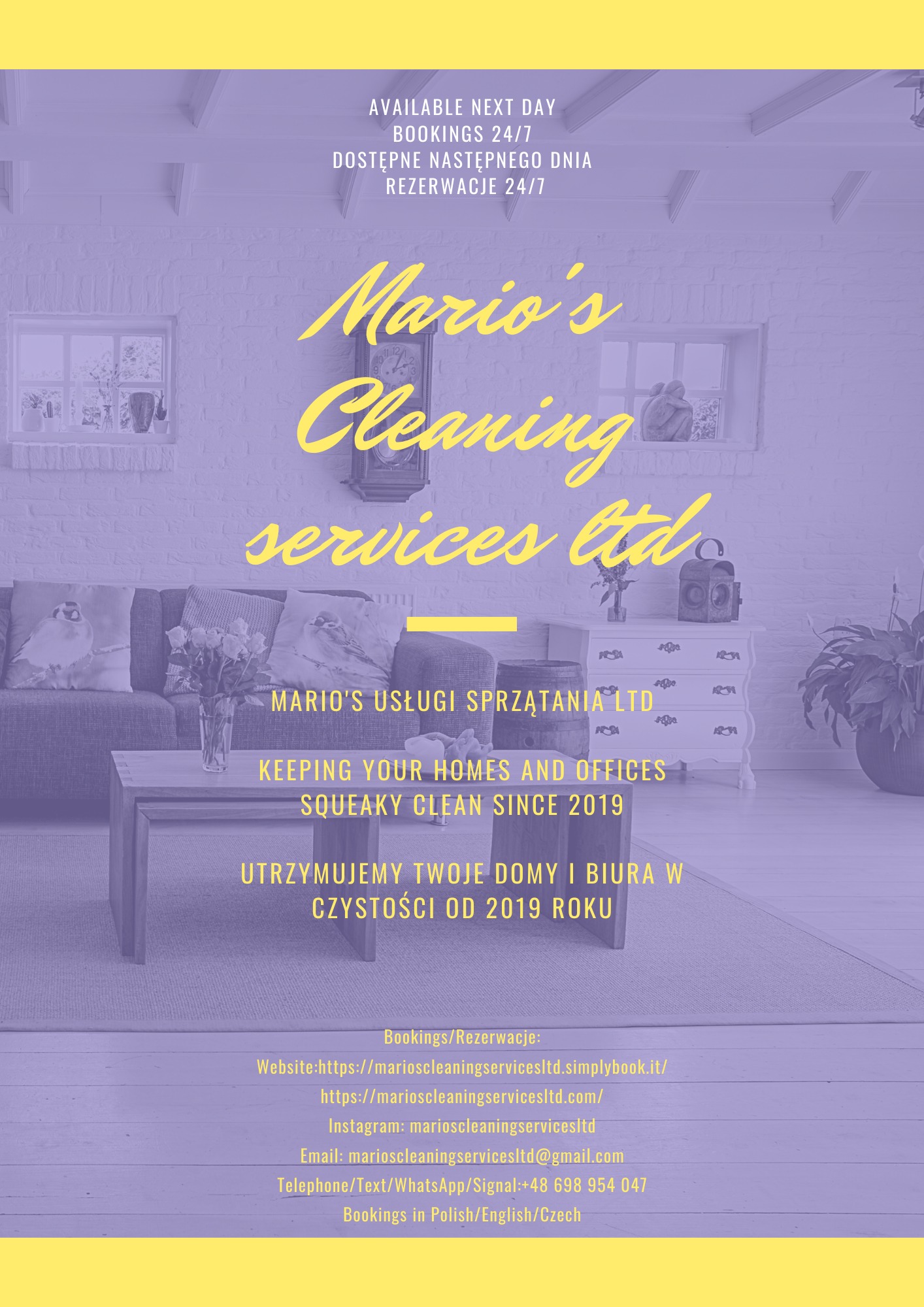 Grafika reklamowa firmy sprzątającej z aranżacją wnętrza: kanapa z poduszkami, kwiaty w wazonie, kredens z dekoracjami, zegar ścienny i hasło 'Utrzymujemy Twoje domy i biura w czystości od 2019 roku'.