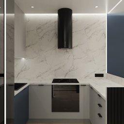 Brucka Studio - Nowoczesna kuchnia z marmurową ścianą, czarnym okapem cylindrycznym, indukcyjną płytą grzewczą i szarymi szafkami z minimalistycznymi uchwytami.