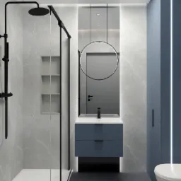 Nowoczesna łazienka z kabiną prysznicową typu walk-in z czarną armaturą, podświetlanym lustrem w okrągłej ramie i szafką umywalkową w odcieniach szarości i błękitu.