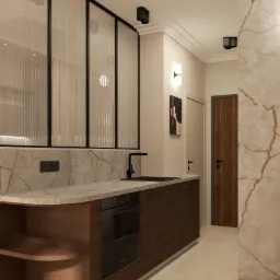 Wizualizacja kuchni z drewnianymi szafkami, blatem z efektem marmuru i ścianką działową z ryflowanego szkła w czarnej ramie. Czarna armatura i oświetlenie punktowe. Dekoracyjna ściana z efektem...