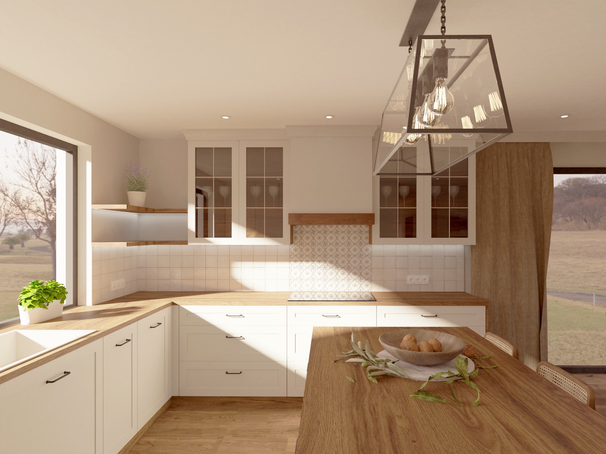 Jasna kuchnia w stylu skandynawskim z drewnianym blatem i białymi szafkami, dekorowana owocami w misie na stole i roślinami w doniczkach przy oknie.