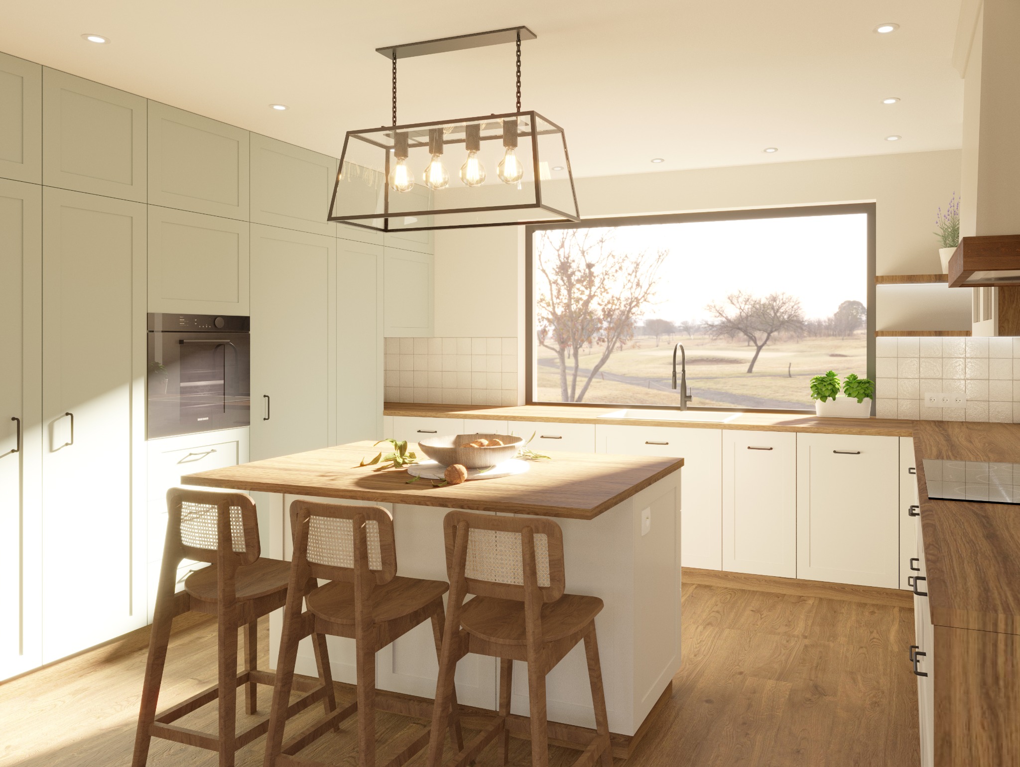 Jasna kuchnia z wyspą, drewnianymi hokerami i dużym oknem z widokiem na drzewa na zewnątrz.