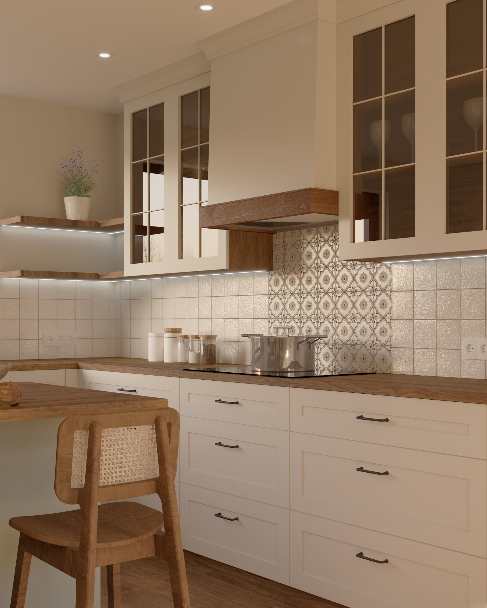 Jasna kuchnia z drewnianym blatem i krzesłem z rattanowym oparciem; na blacie słoiki z przyprawami i garnek na płycie indukcyjnej, ściana wyłożona płytkami z wzorem.