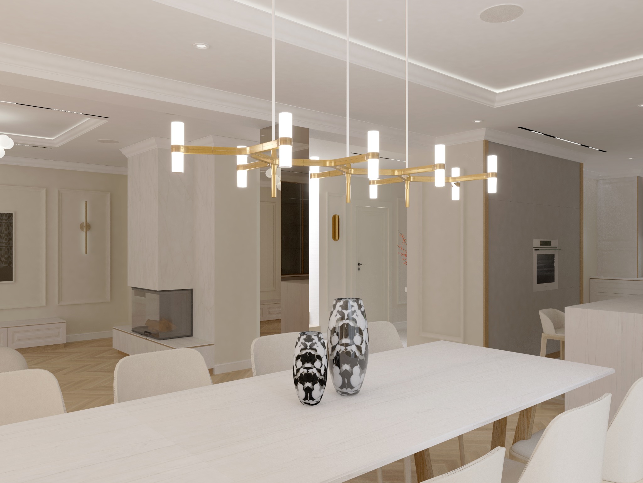 Wnętrze salonu z jadalnią w jasnej kolorystyce, z nowoczesnym oświetleniem w postaci podwieszanej lampy z geometrycznym złotym stelażem i białymi elementami świetlnymi, dwiema dekoracyjnymi wazami...