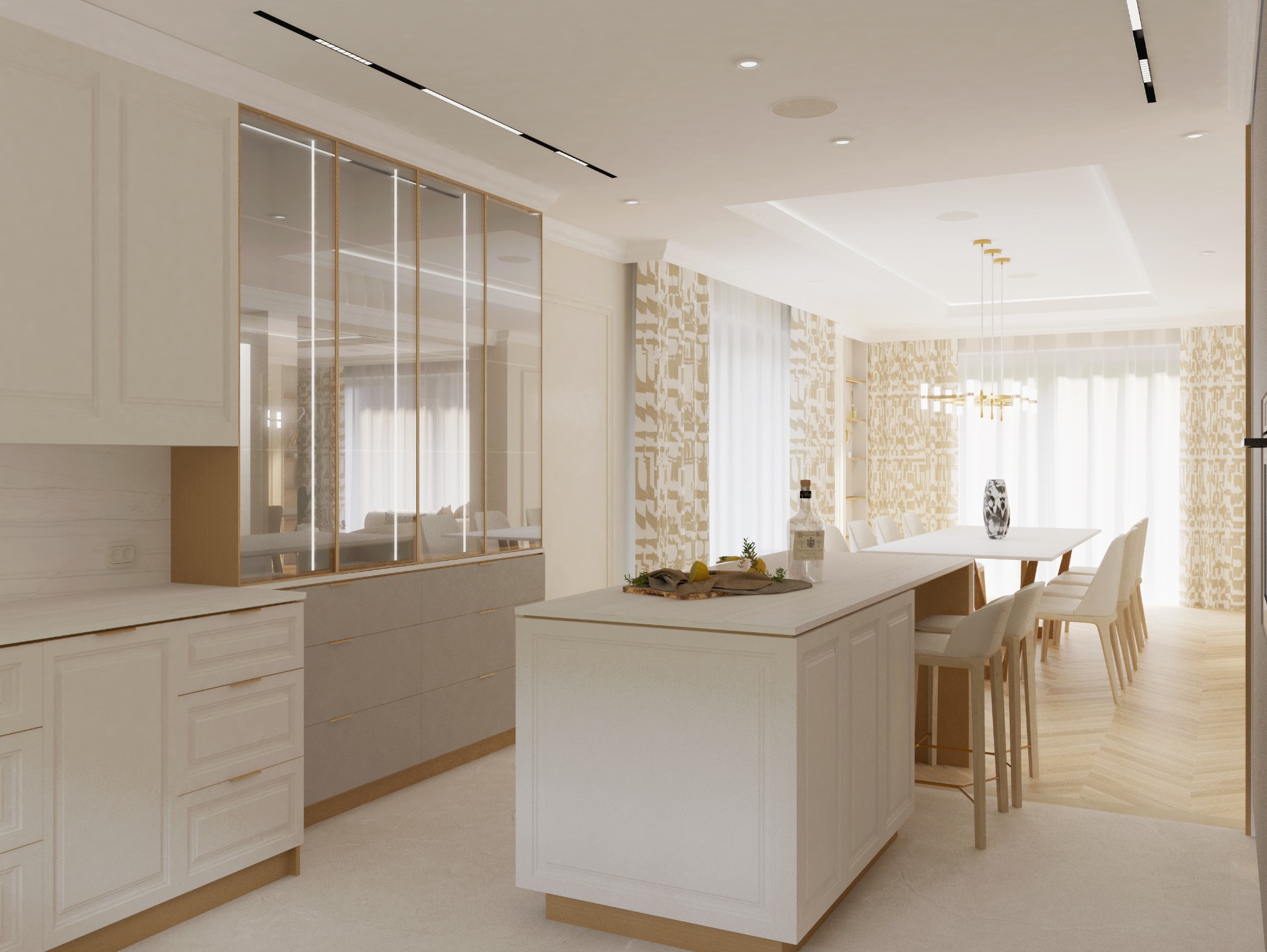 Jasna, przestronna kuchnia z wyspą, drewnianymi krzesłami barowymi, przeszkloną ścianą i widokiem na jadalnię z białym stołem i krzesłami w stylu glamour.