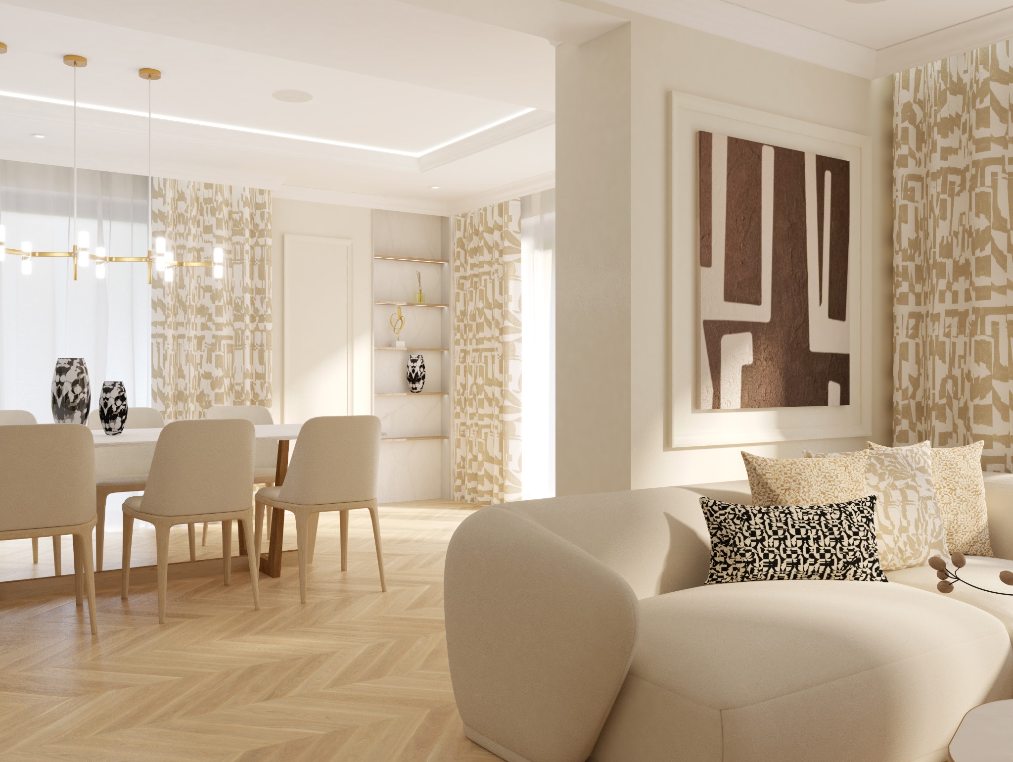 Jasne wnętrze salonu z jadalnią, beżowa sofa z wzorzystymi poduszkami, stół z krzesłami, parkiet w jodełkę, abstrakcyjny obraz na ścianie, dekoracyjne zasłony i oświetlenie.
