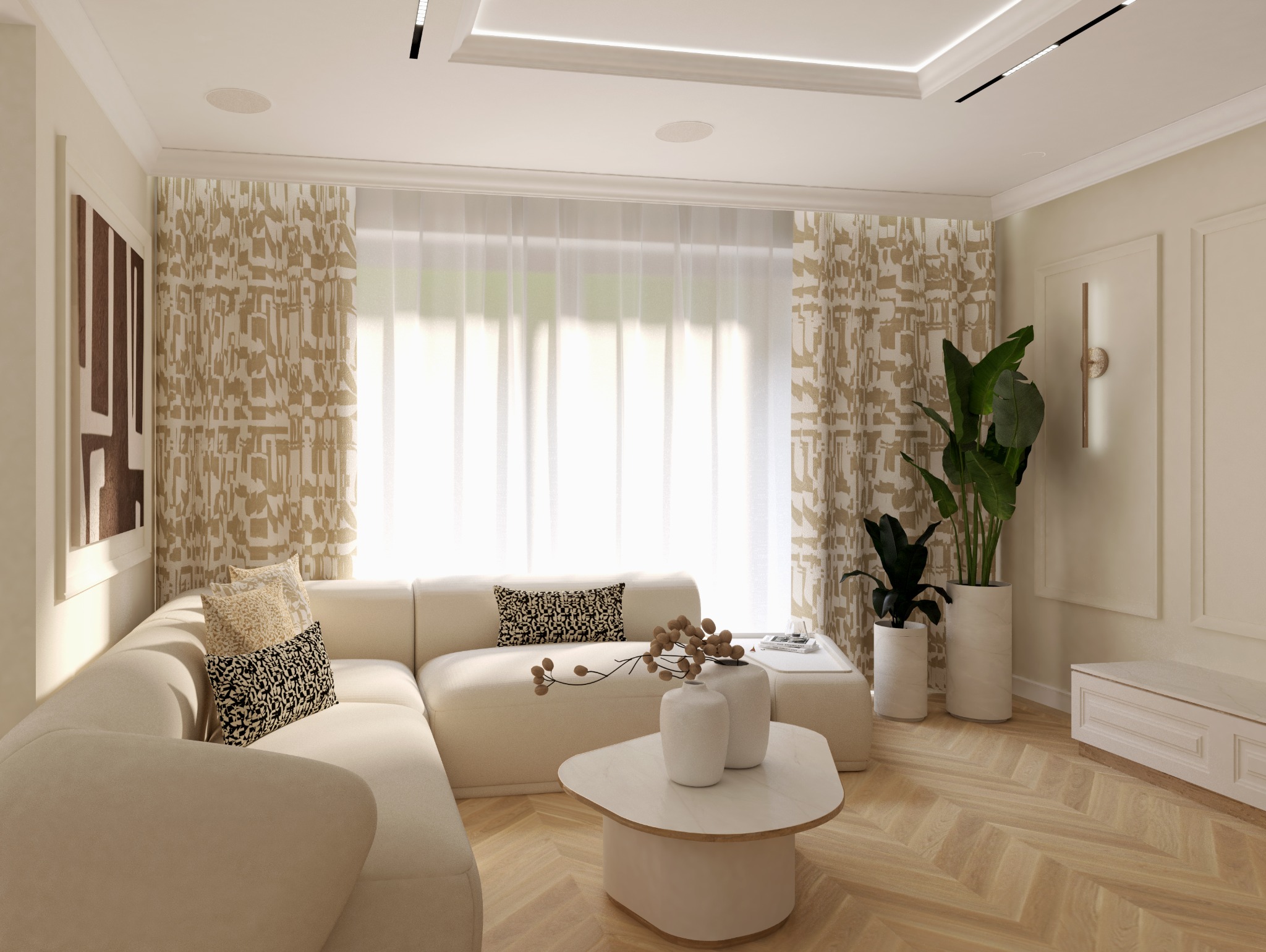 Jasny salon z narożną sofą, wzorzystymi zasłonami i roślinami w białych donicach, oświetlenie sufitowe LED.