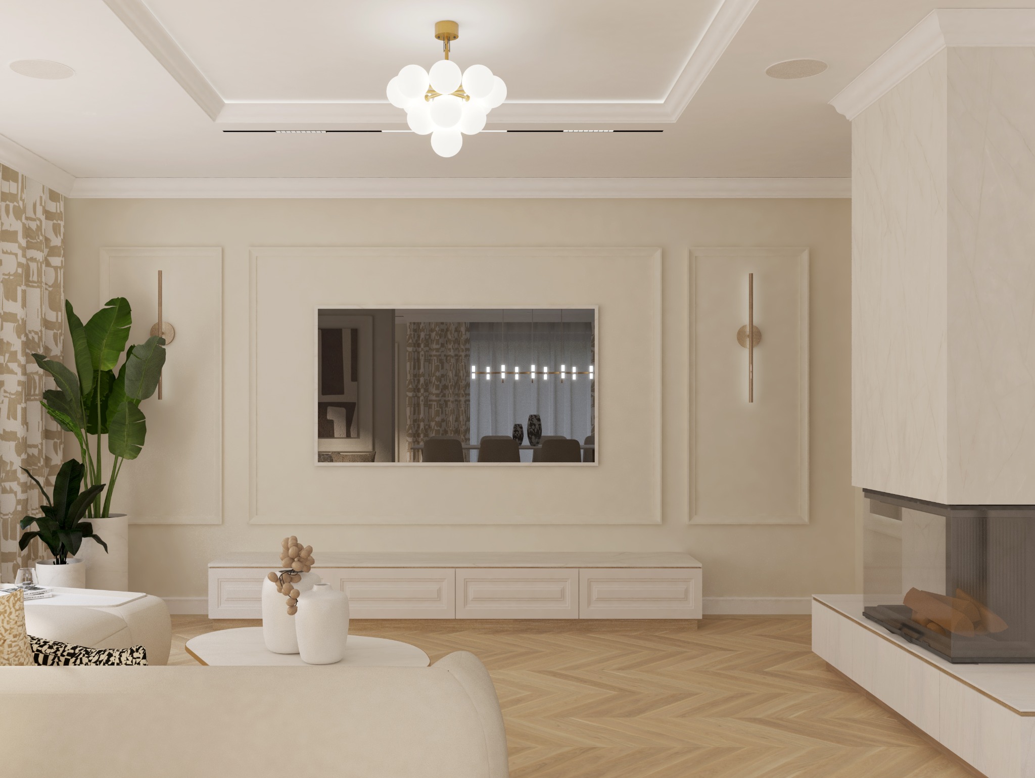 Elegancki salon w Szczecinie z parkietem w jodełkę, kremowymi ścianami z dekoracyjnymi listwami, nowoczesnym kominkiem i telewizorem w obudowie, oświetlony kulistą lampą sufitową.