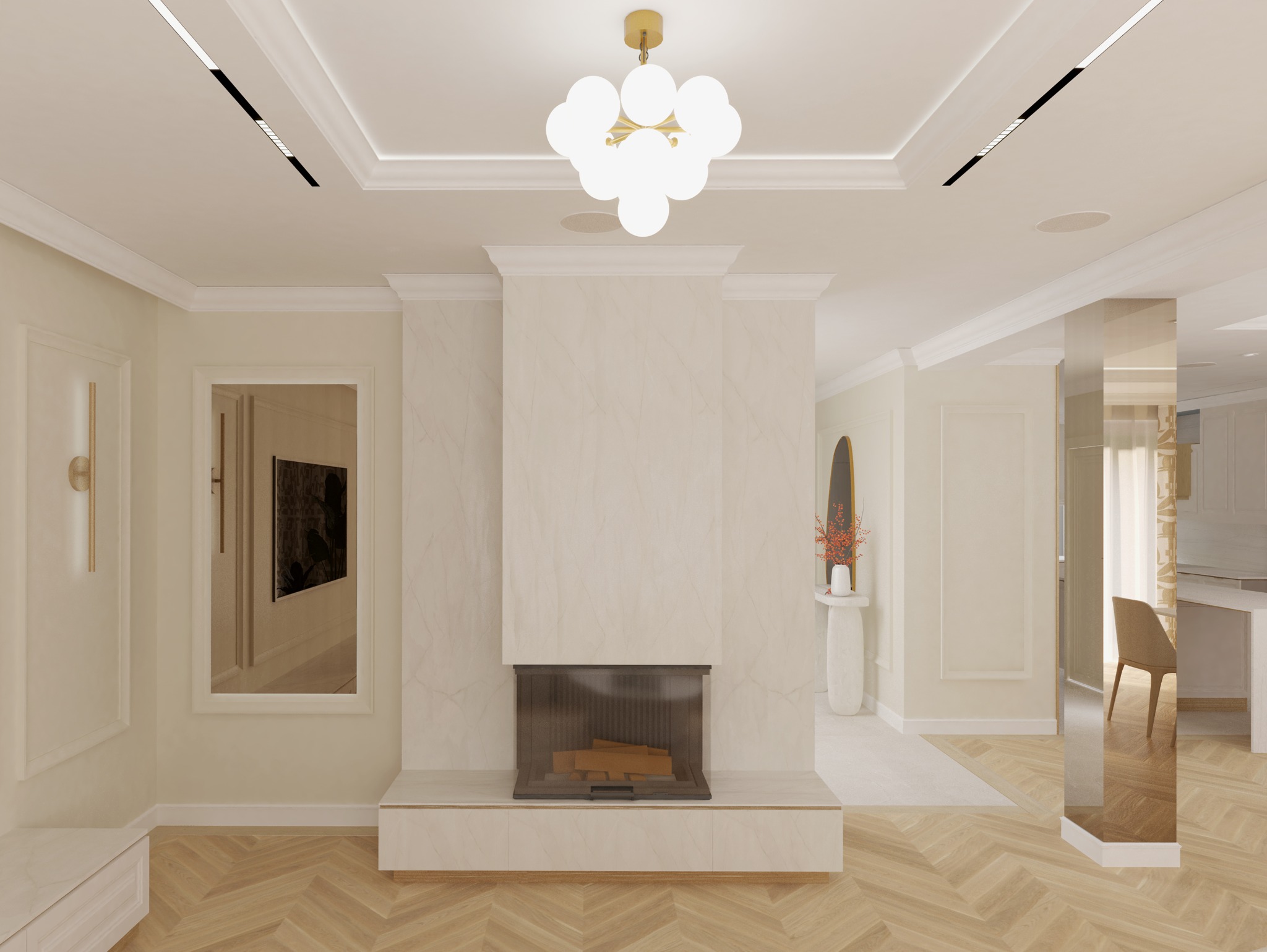Jasne, przestronne wnętrze z marmurowym kominkiem, parkietem w jodełkę i nowoczesnym oświetleniem sufitowym.