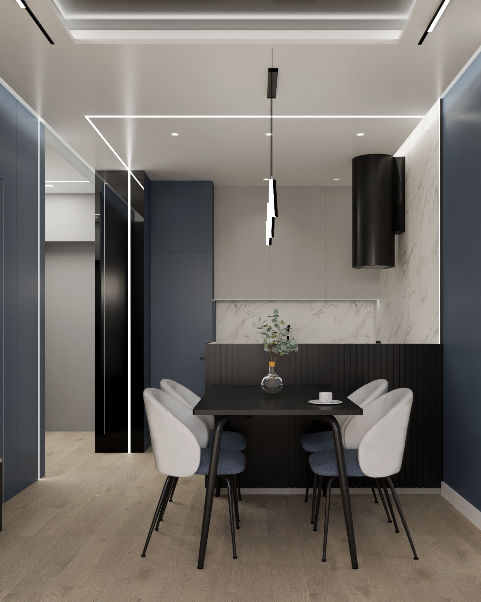 Nowoczesna jadalnia z czarnym stołem, białymi krzesłami i minimalistycznym oświetleniem LED w aranżacji wnętrza.