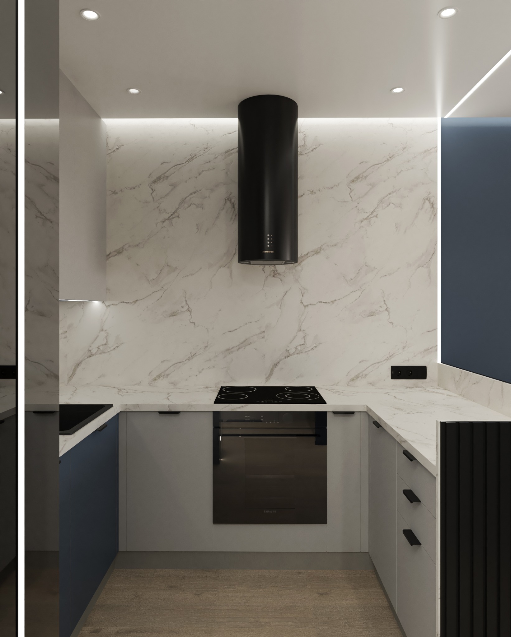 Nowoczesna kuchnia z marmurową ścianą, czarnym okapem cylindrycznym, indukcyjną płytą grzewczą i szarymi szafkami z minimalistycznymi uchwytami.