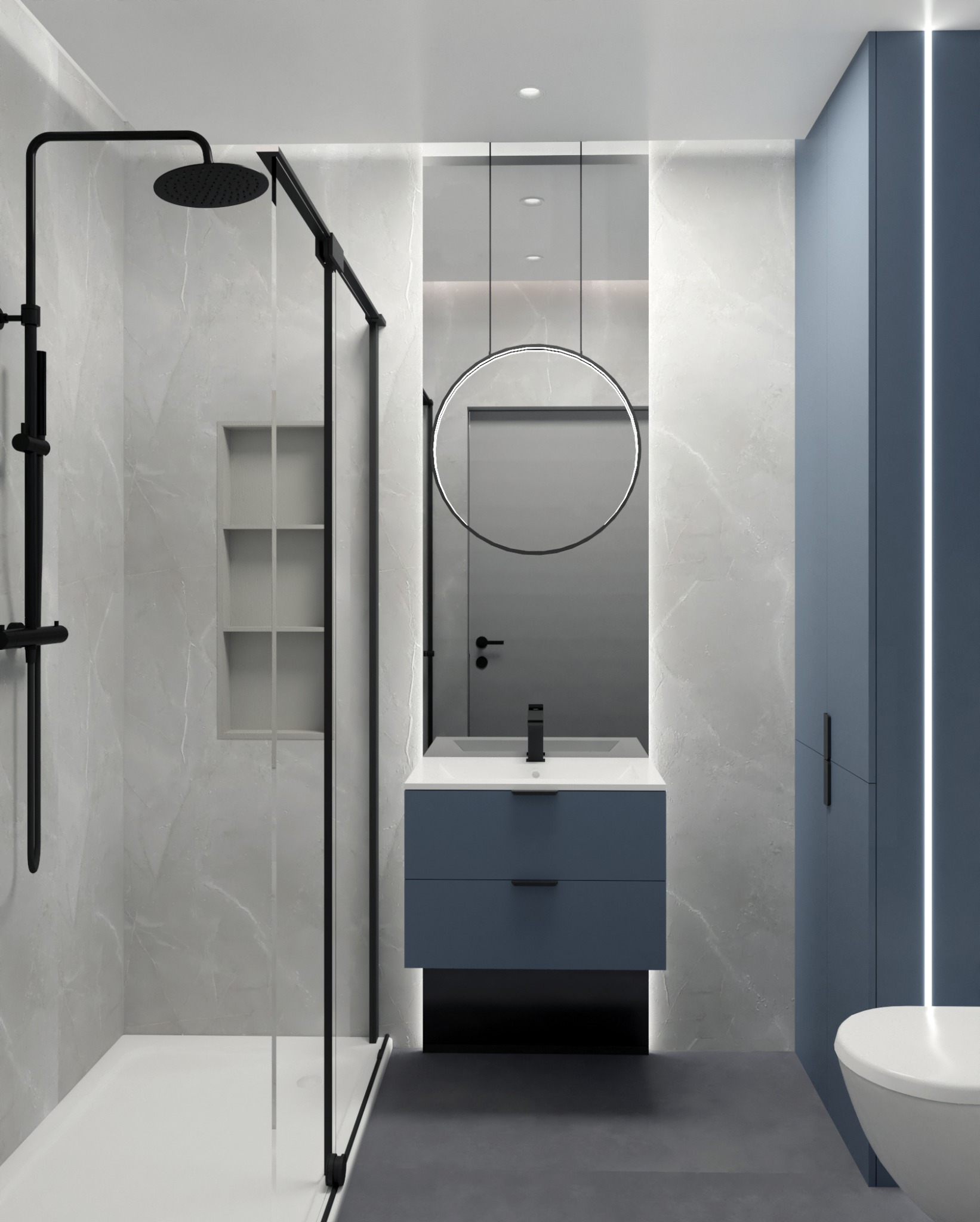 Nowoczesna łazienka z kabiną prysznicową typu walk-in z czarną armaturą, podświetlanym lustrem w okrągłej ramie i szafką umywalkową w odcieniach szarości i błękitu.