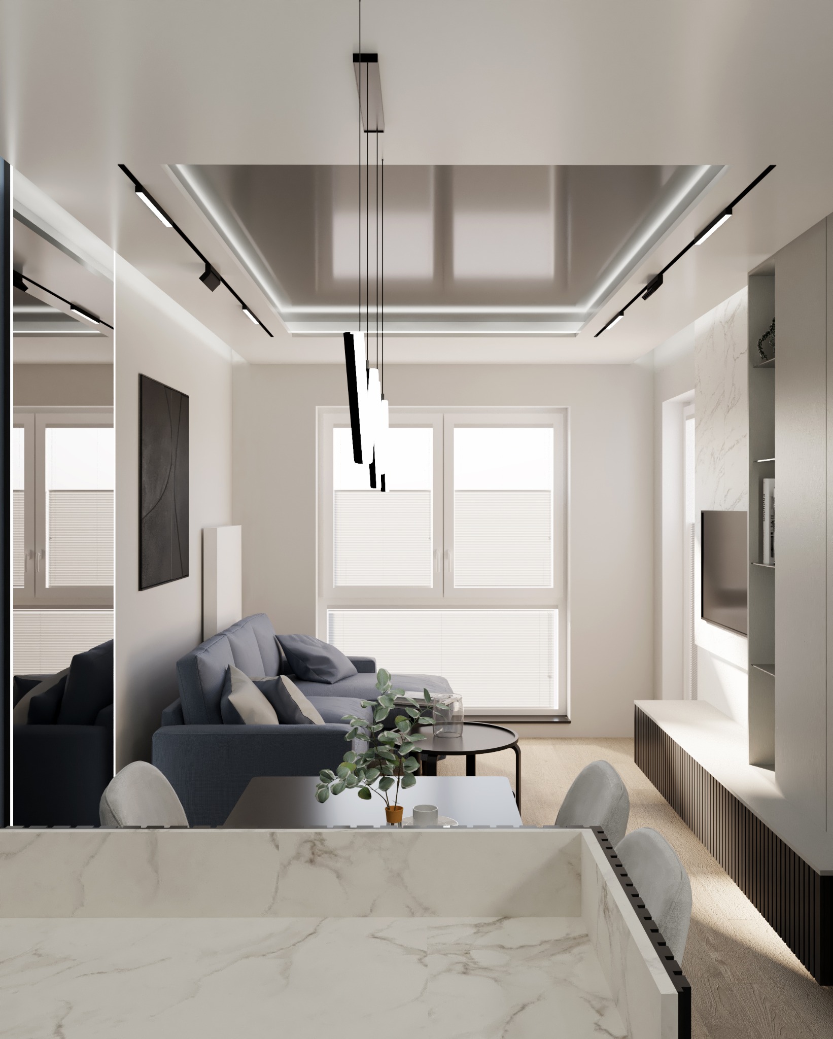 Wizualizacja salonu z szarą sofą, stolikiem kawowym, marmurowym blatem i oświetleniem sufitowym LED, widok z perspektywy blatu.