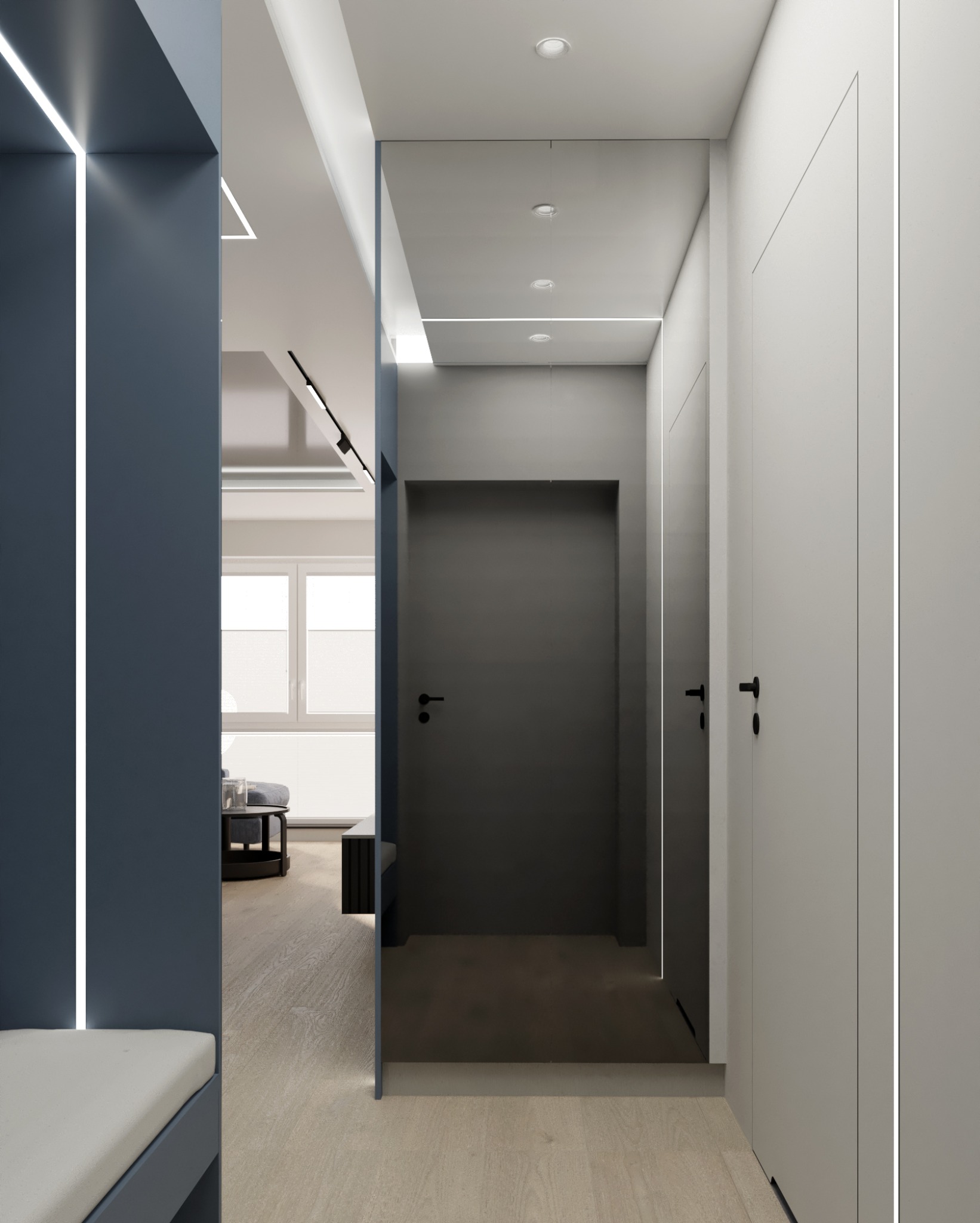 Nowoczesny przedpokój z wbudowaną szafą i siedziskiem, oświetlenie LED wzdłuż krawędzi, widok na salon przez lustrzane przejście, minimalistyczny design.