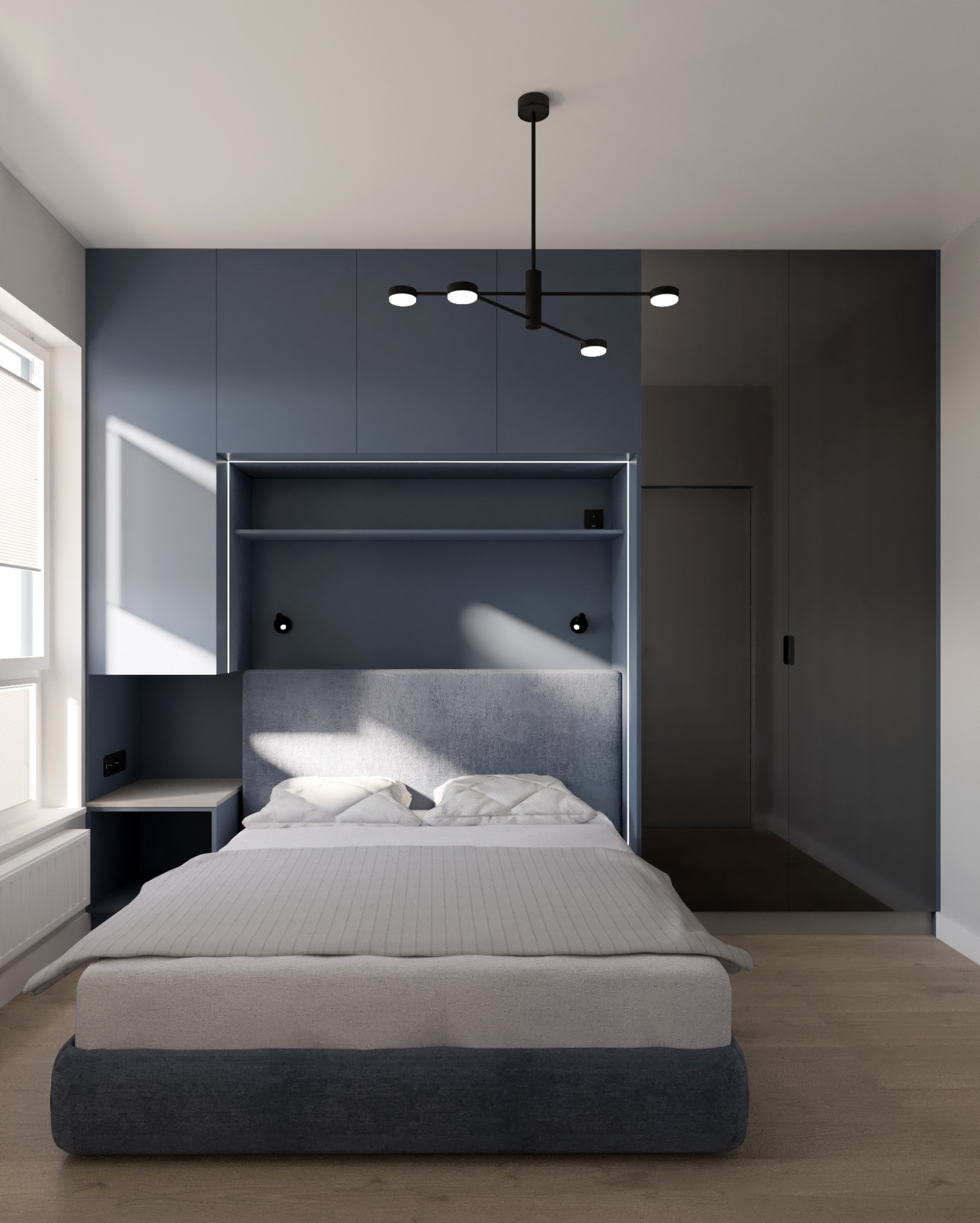 Nowoczesna sypialnia w odcieniach szarości i granatu z minimalistycznym oświetleniem, zabudową meblową z półkami i szafą wnękową, oświetlona światłem dziennym wpadającym przez okno z żaluzjami.