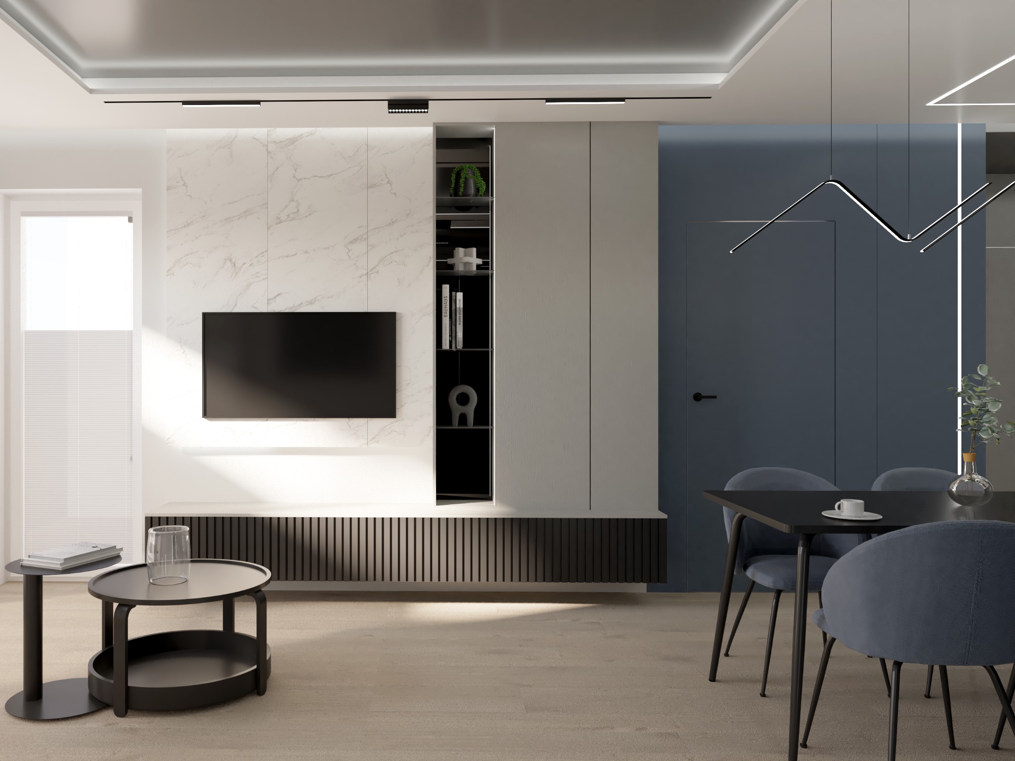 Nowoczesny salon z marmurową ścianą, wiszącym telewizorem, minimalistycznymi stolikami kawowymi i stołem jadalnym z aksamitnymi krzesłami w odcieniach szarości i granatu.