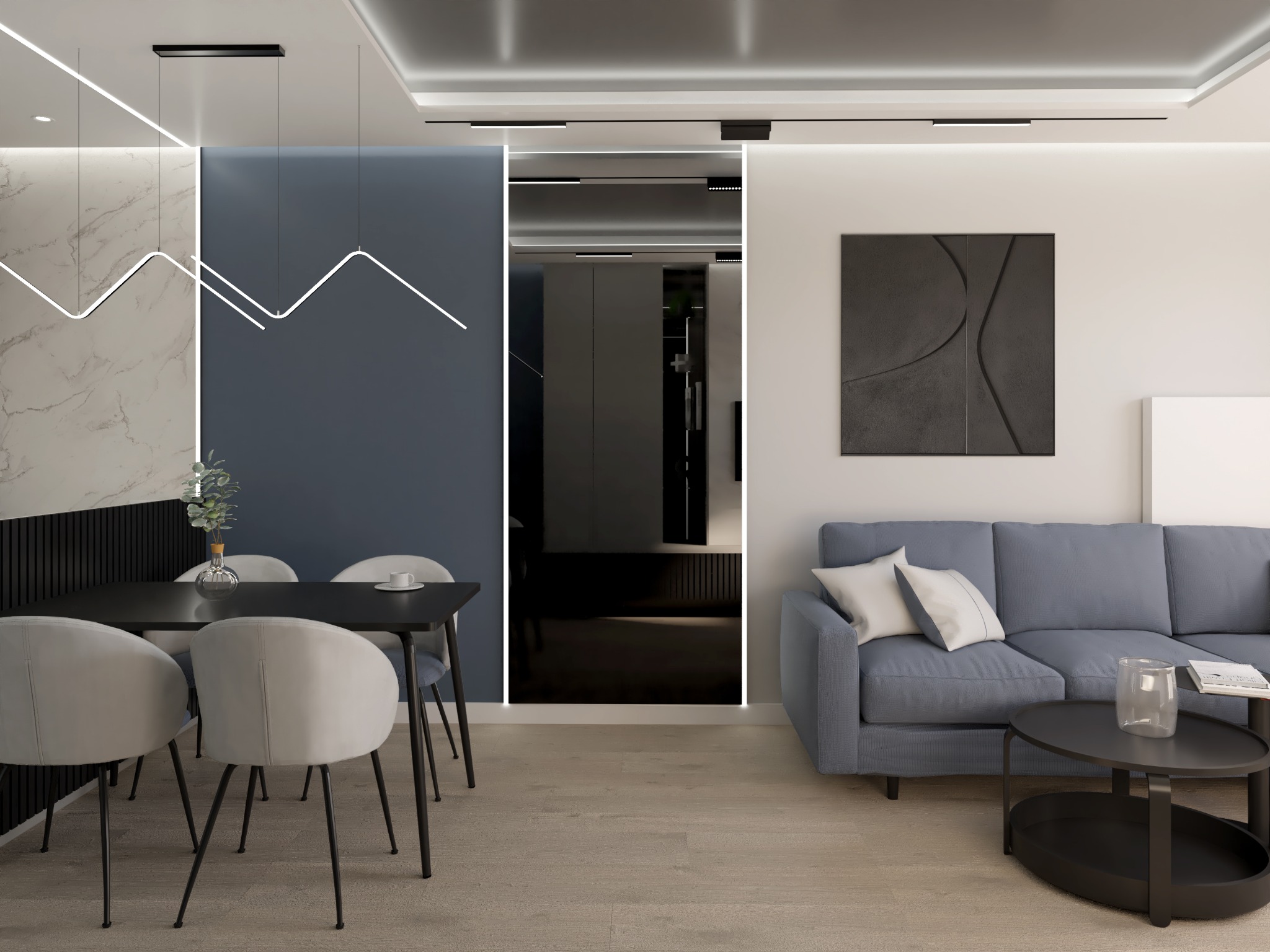 Nowoczesne wnętrze: minimalistyczna jadalnia z czarnym stołem i szarymi krzesłami, niebieska ściana z abstrakcyjnym oświetleniem LED, salon z szarą sofą i abstrakcyjnym obrazem na ścianie. W tle...