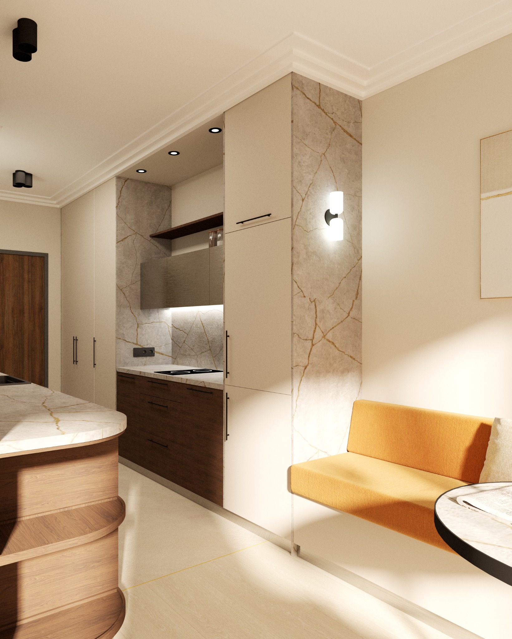 Nowoczesna kuchnia z wyspą o marmurowym blacie, drewnianymi szafkami i wbudowanym oświetleniem punktowym, uzupełniona pomarańczową kanapą w rogu i marmurowym wykończeniem ściany