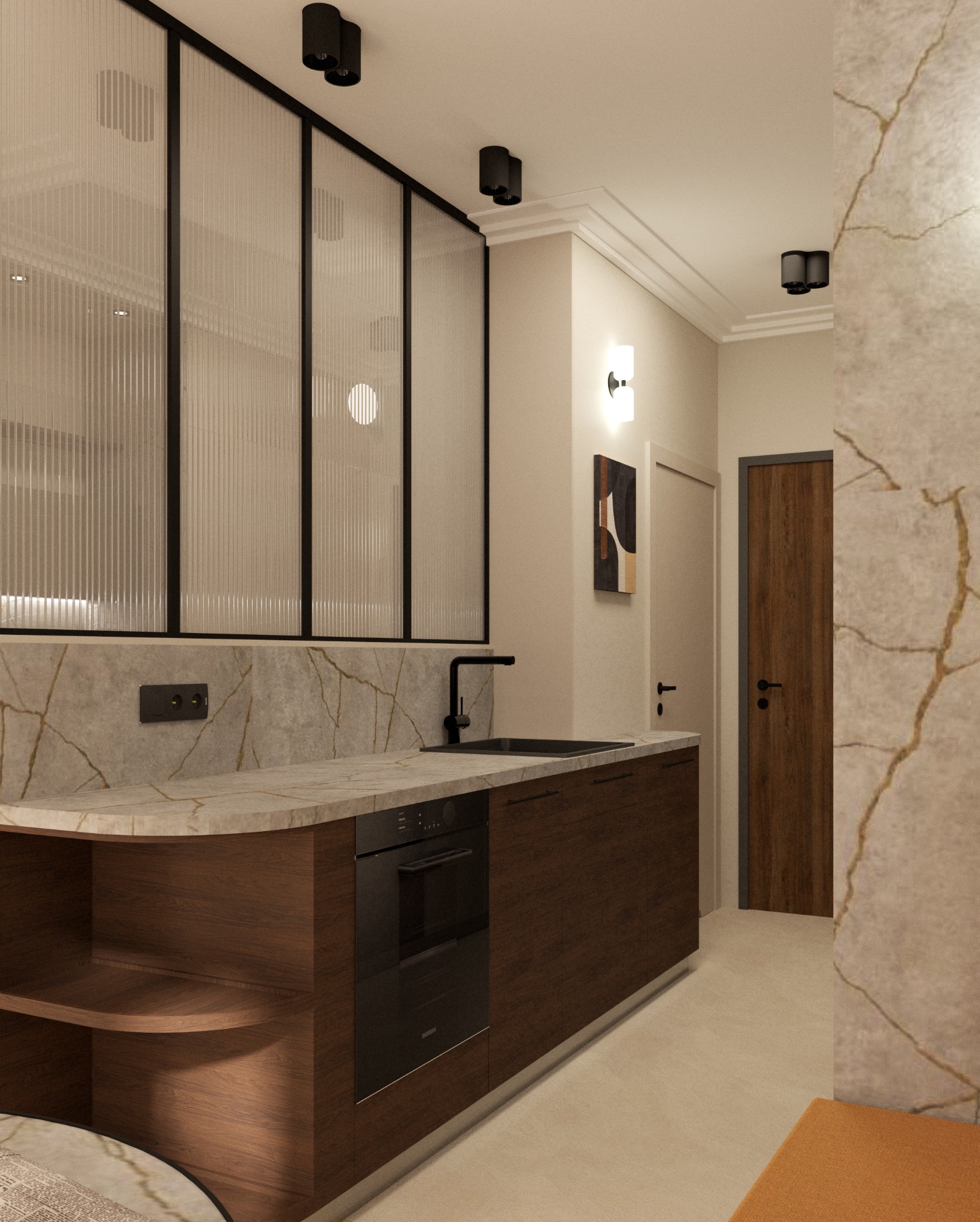 Wizualizacja kuchni z drewnianymi szafkami, blatem z efektem marmuru i ścianką działową z ryflowanego szkła w czarnej ramie. Czarna armatura i oświetlenie punktowe. Dekoracyjna ściana z efektem...