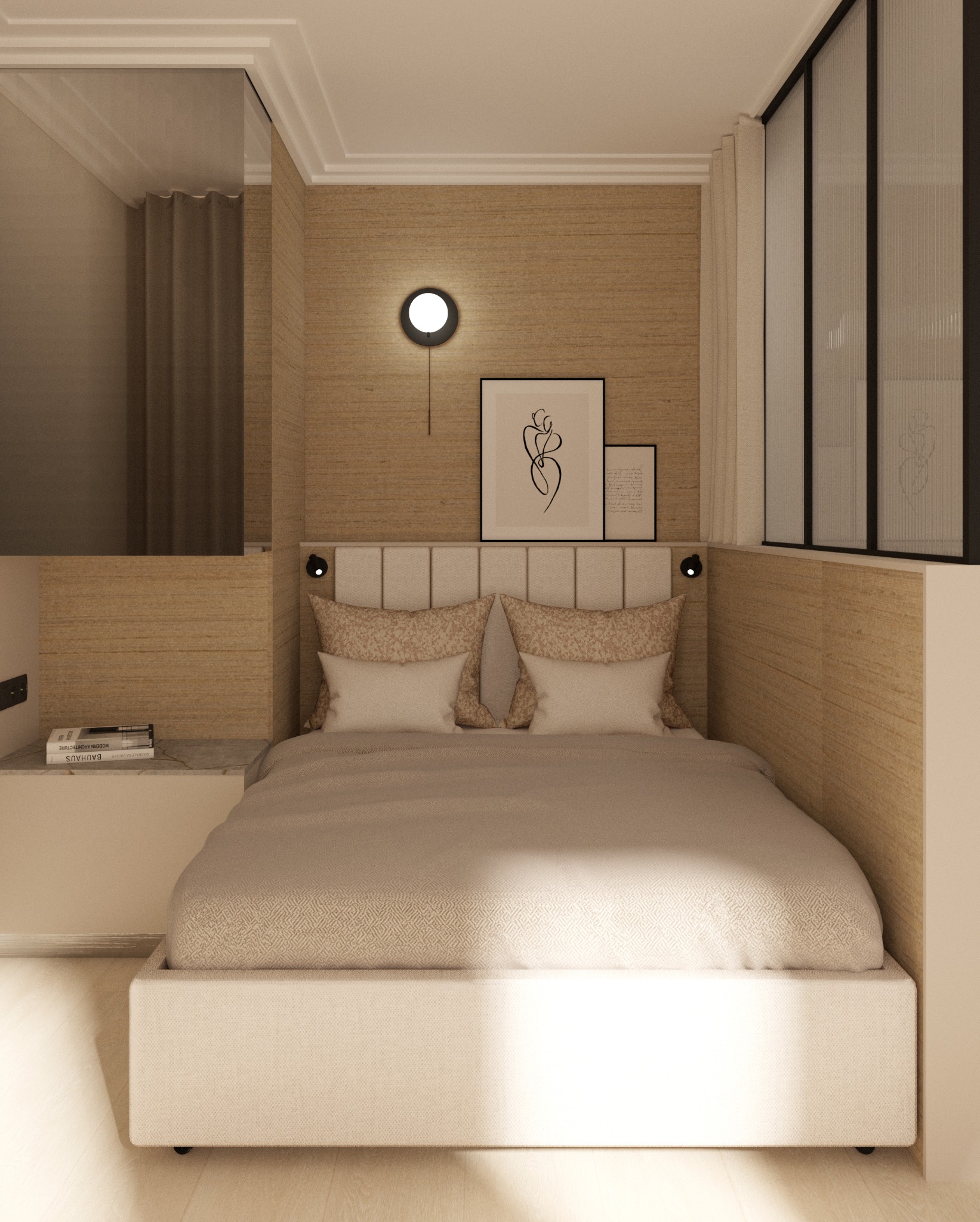 Beżowa sypialnia z podwójnym łóżkiem, lampką nocną i grafikami na ścianie, widok na lustro i okno z czarną ramą.