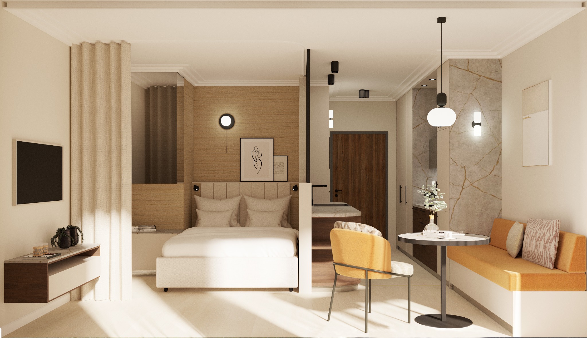 Wnętrze kawalerki z wydzieloną strefą sypialną, aneksem kuchennym i miejscem do spożywania posiłków. Widoczny telewizor na ścianie, łóżko z zagłówkiem, okrągły stół z krzesłem i kanapa w kolorze...