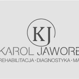 Logo firmy Karol Jaworek z zakreślonym inicjałem KJ, oferującej rehabilitację, diagnostykę i masaż.