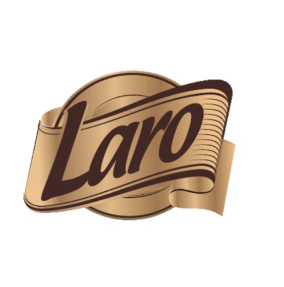 Brązowe logo 'Laro' na beżowym, zwijanym banerze z efektem cieniowania.