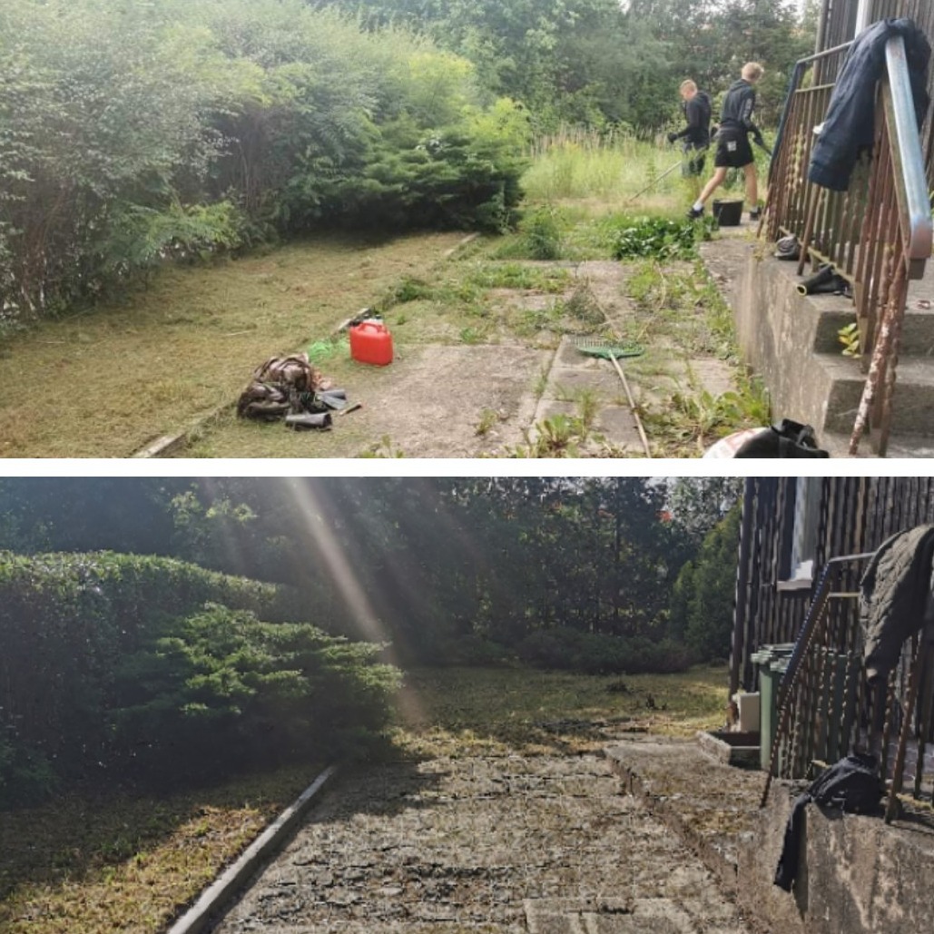 Porównanie stanu trawnika przed i po, z widocznymi śladami koszenia, resztkami trawy i narzędziami ogrodniczymi, z dwoma pracownikami w tle.