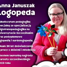 Portret kobiety w okularach, trzymającej w rękach kolorowe wiatraczki, na tle fioletowo-różowego gradientu z tekstem o jej wykształceniu i doświadczeniu.