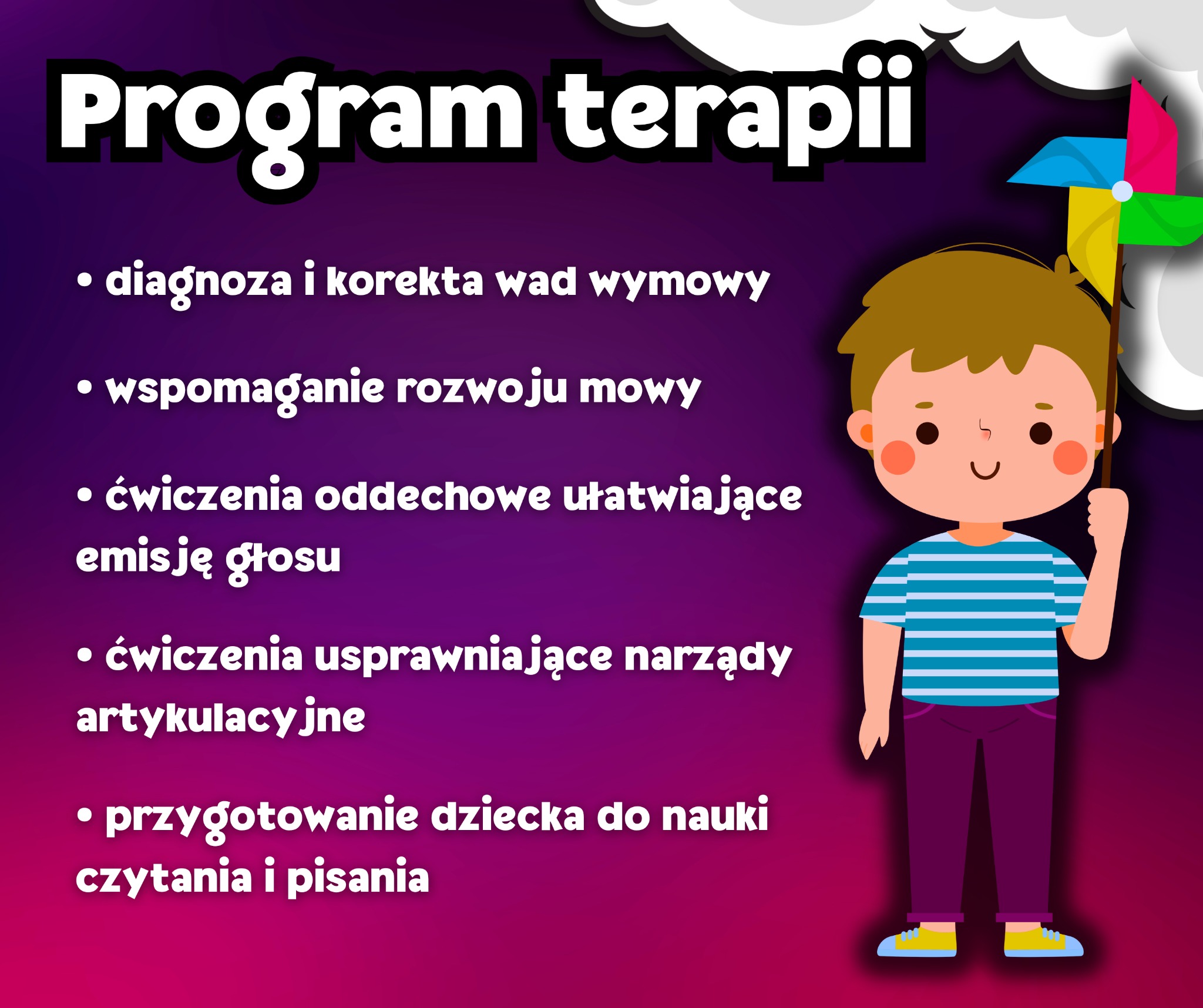 Ilustracja przedstawia program terapii mowy, obejmujący diagnozę wad wymowy, wspomaganie rozwoju mowy, ćwiczenia oddechowe, ćwiczenia usprawniające narządy artykulacyjne oraz przygotowanie do nauki...
