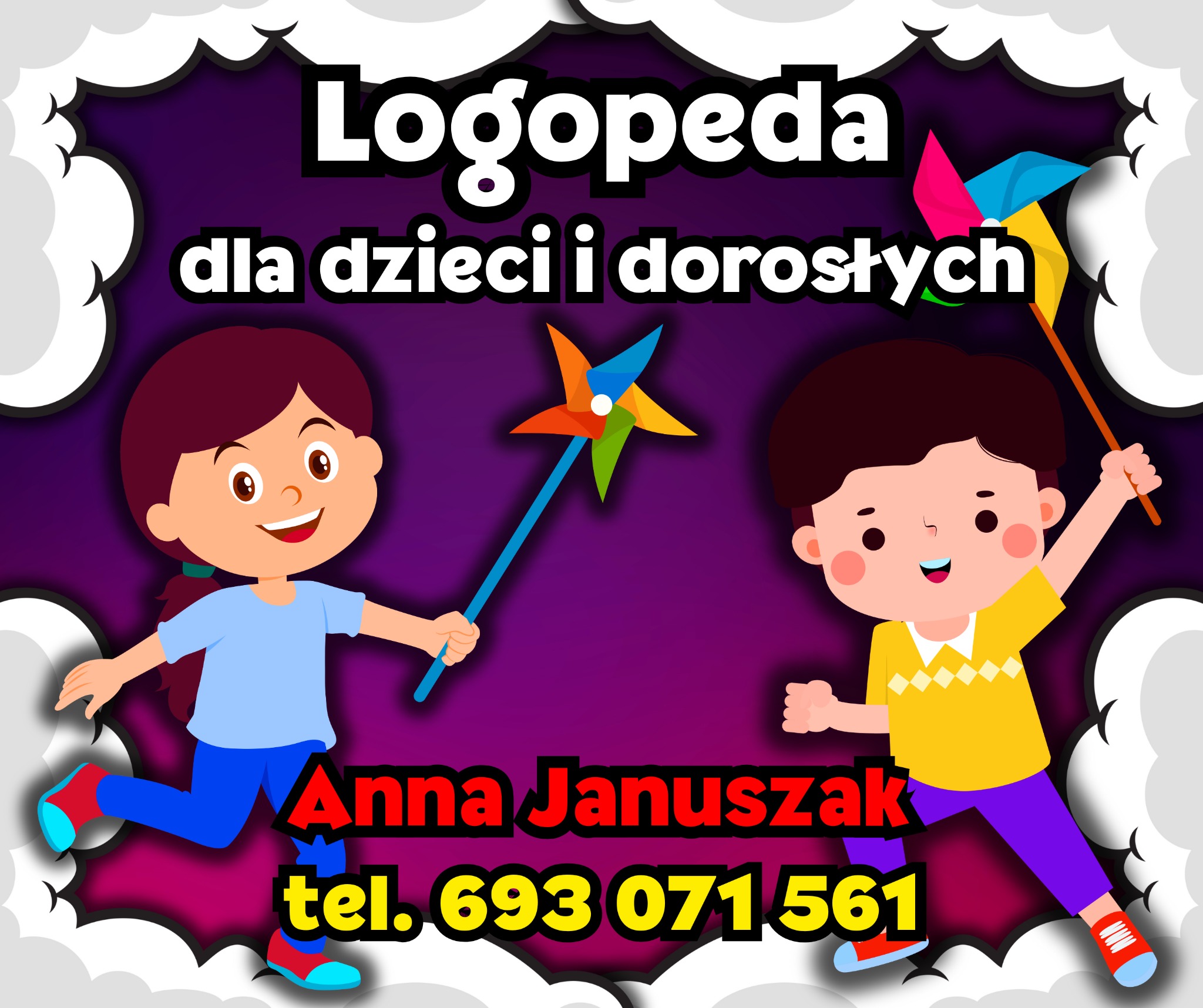 Ilustracja z dwójką dzieci trzymających wiatraczki, promująca usługi logopedyczne w Szczecinku, z podanym numerem telefonu.