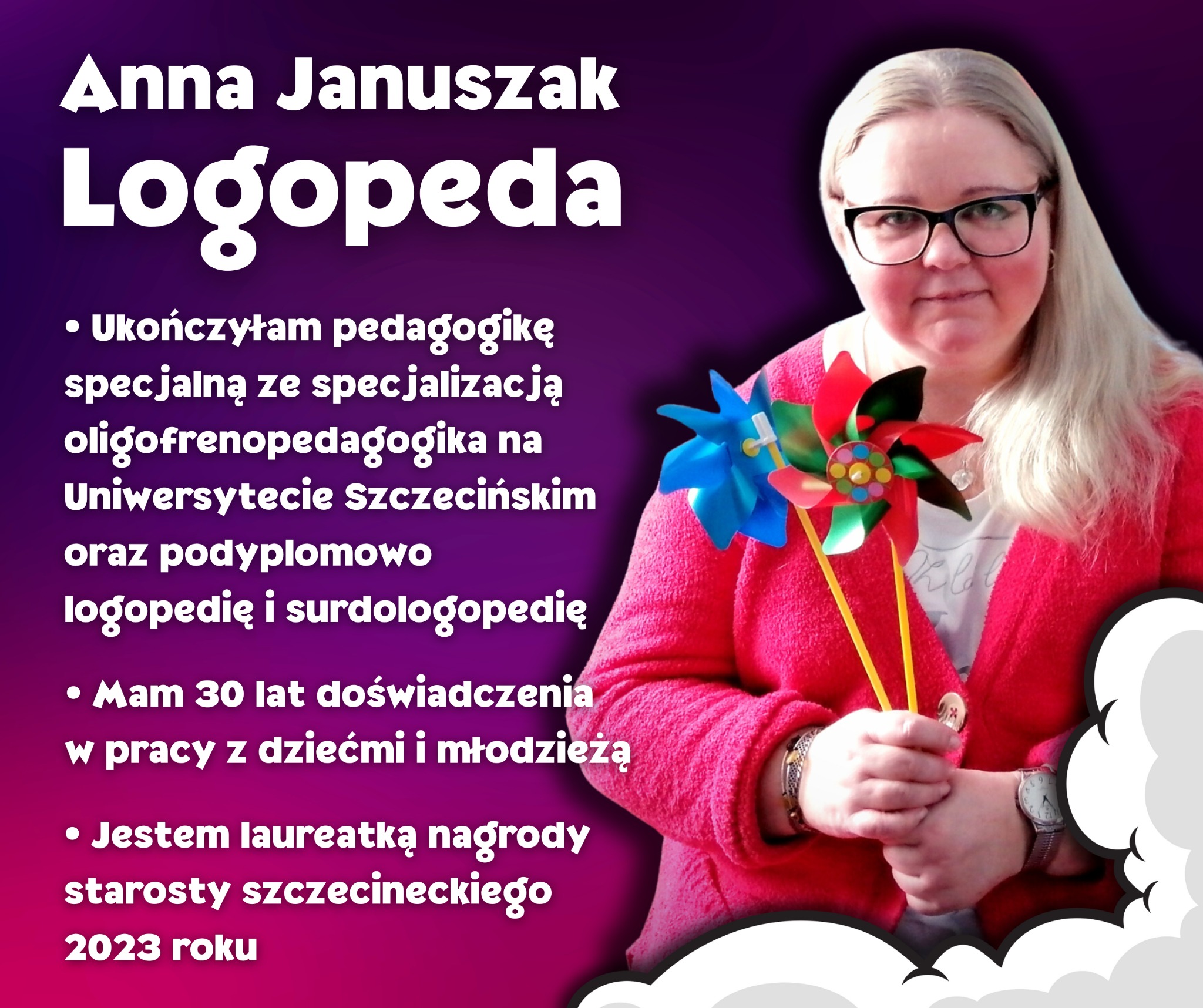 Portret kobiety w okularach, trzymającej w rękach kolorowe wiatraczki, na tle fioletowo-różowego gradientu z tekstem o jej wykształceniu i doświadczeniu.