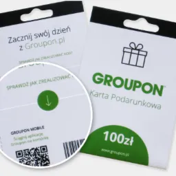 Dwie karty podarunkowe Groupon, jedna z kodem QR i informacją o aplikacji mobilnej, druga z napisem 'Karta Podarunkowa' i wartością 100 zł.