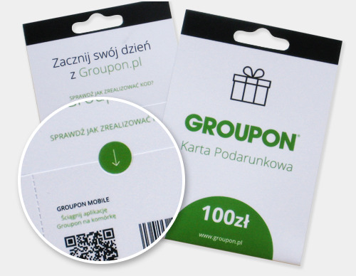 Dwie karty podarunkowe Groupon, jedna z kodem QR i informacją o aplikacji mobilnej, druga z napisem 'Karta Podarunkowa' i wartością 100 zł.