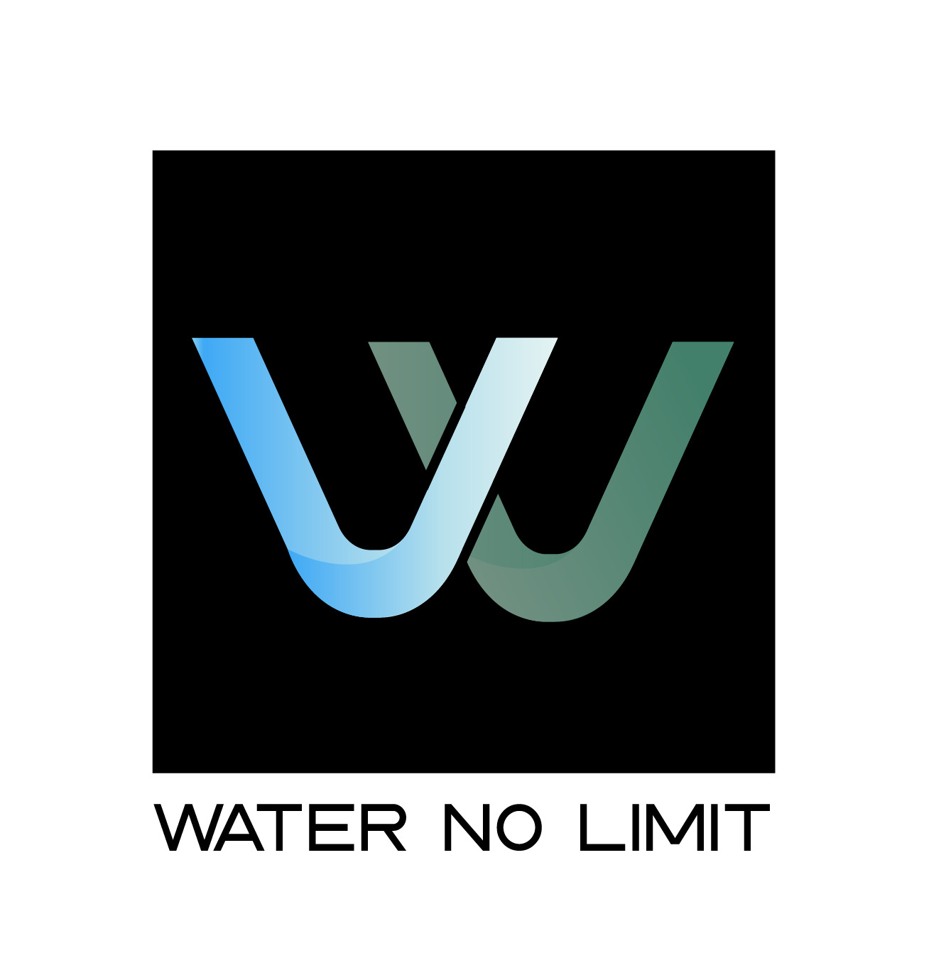 Logo firmy z abstrakcyjnym symbolem dwóch splecionych liter 'W' w odcieniach niebieskiego i zielonego, umieszczonym na czarnym kwadracie z napisem 'WATER NO LIMIT' poniżej.