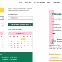 Interfejs strony internetowej firmy cateringowej Heroes Diet, pokazujący formularz zamówienia diety z opcjami wyboru lokalizacji, kaloryczności, liczby posiłków, daty rozpoczęcia i zakończenia...