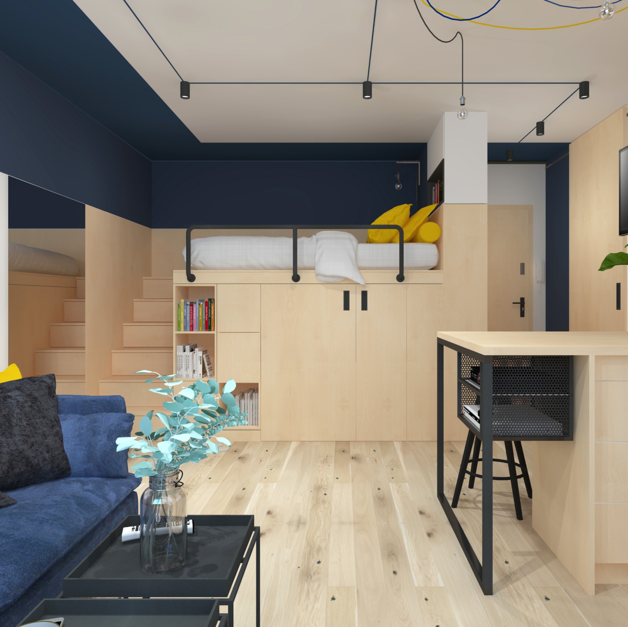 Wizualizacja pokoju w Zabrzu z antresolą sypialną, drewnianymi schodami i zabudową, niebieską sofą i stolikiem kawowym z wazonem z dekoracyjnymi gałązkami.