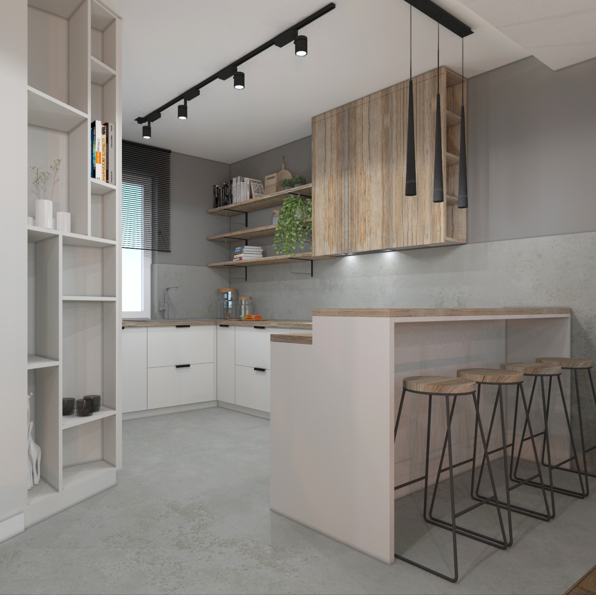 Wizualizacja nowoczesnej kuchni z wyspą, drewnianymi szafkami wiszącymi, oświetleniem punktowym i trzema wiszącymi lampami stożkowymi nad wyspą z czterema drewnianymi stołkami barowymi.