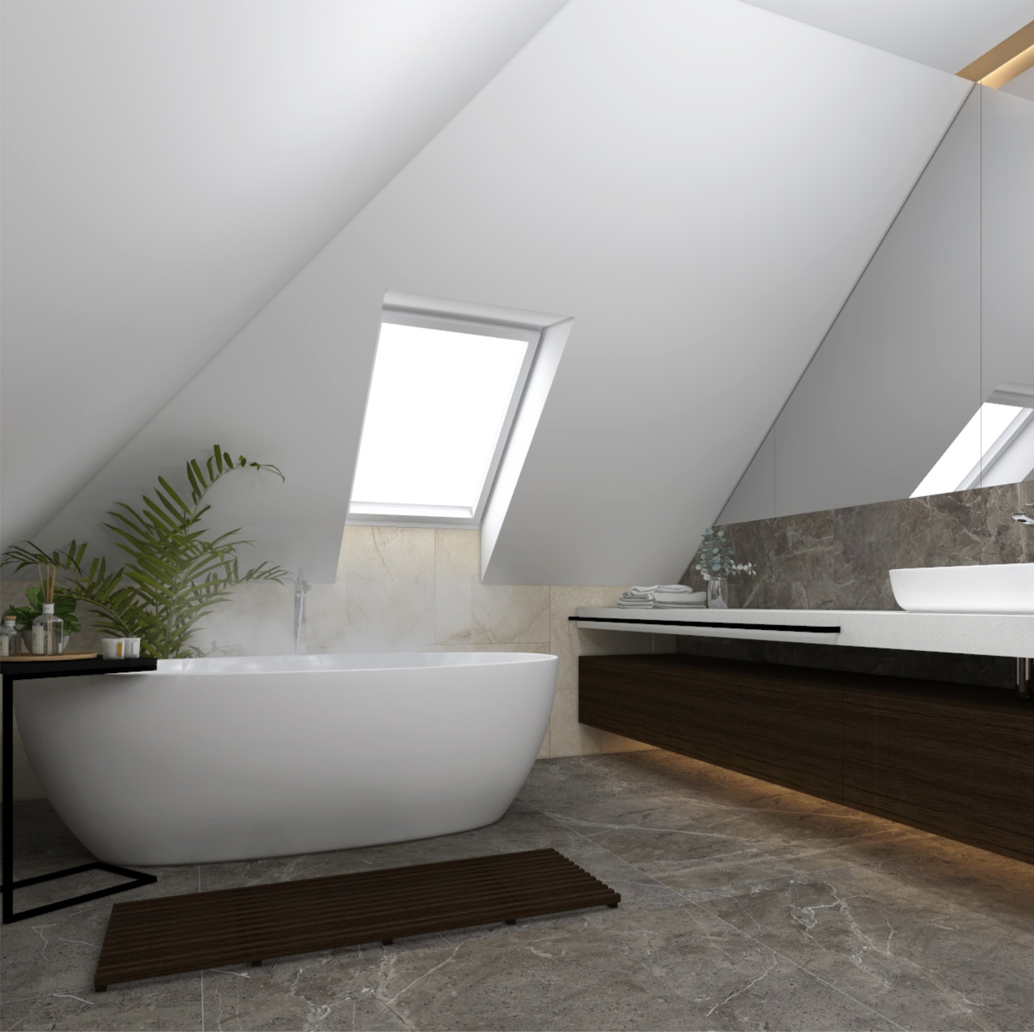 Nowoczesna łazienka na poddaszu z oknem dachowym, białą wolnostojącą wanną, marmurową posadzką i ścianami w odcieniach beżu, oraz drewnianą szafką pod umywalką z podświetleniem LED.