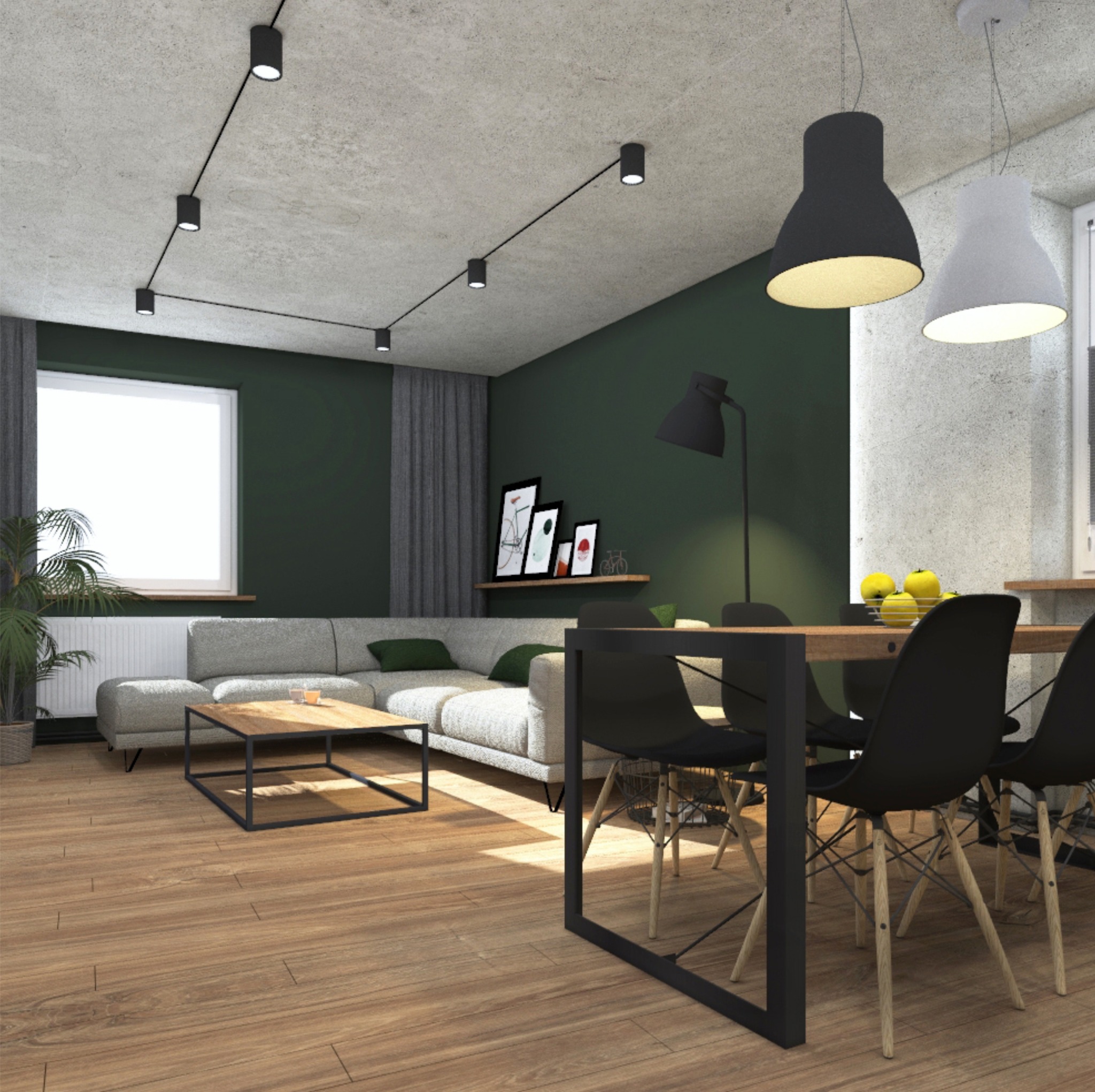 Wizualizacja wnętrza: szara sofa z zielonymi poduszkami, drewniany stolik kawowy, stół z czarnymi krzesłami, zielona ściana, betonowy sufit z reflektorami szynowymi, wiszące lampy i dekoracje ścienne.
