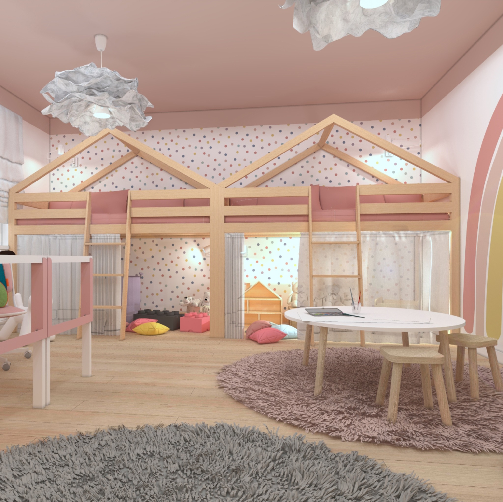 Pokój dziecięcy z dwoma łóżkami na antresoli w kształcie domków, białym okrągłym stołem, drewnianymi stołkami i kolorowymi akcentami na ścianach i podłodze.