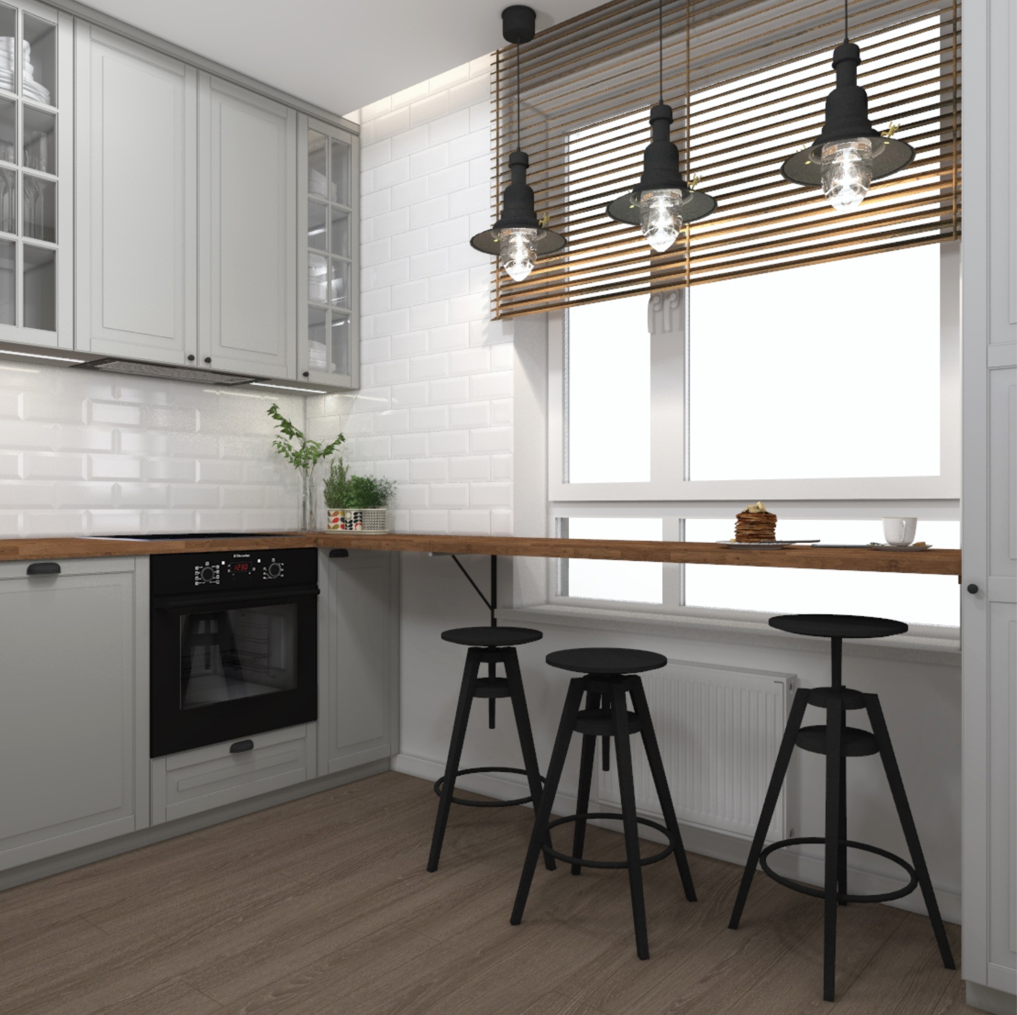 Szara kuchnia z drewnianym blatem barowym przy oknie, czarne hokery, lampy wiszące w stylu industrialnym i białe płytki na ścianie.