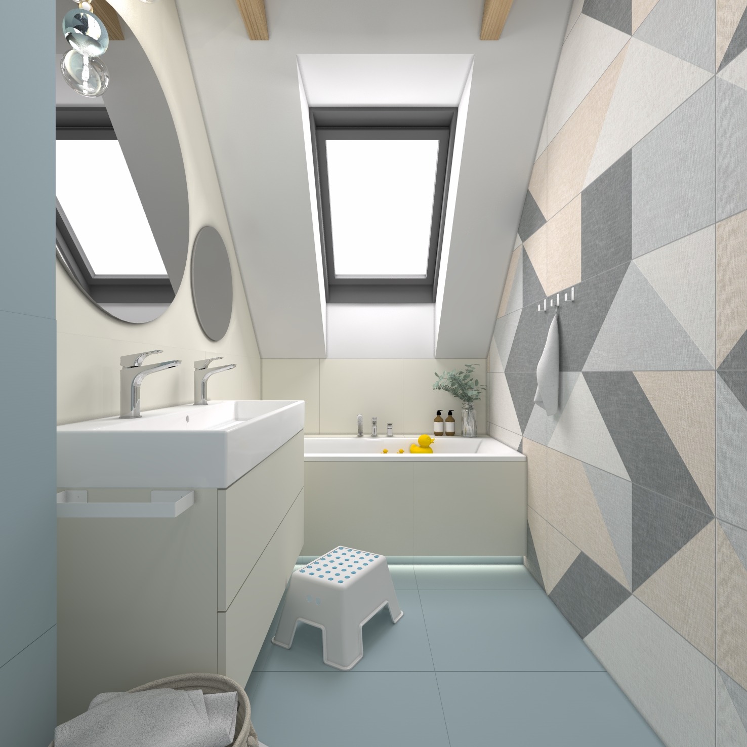 Jasna łazienka na poddaszu z geometryczną ścianą, umywalką z szafką, wanną, okrągłymi lustrami i stołeczkiem dla dziecka.