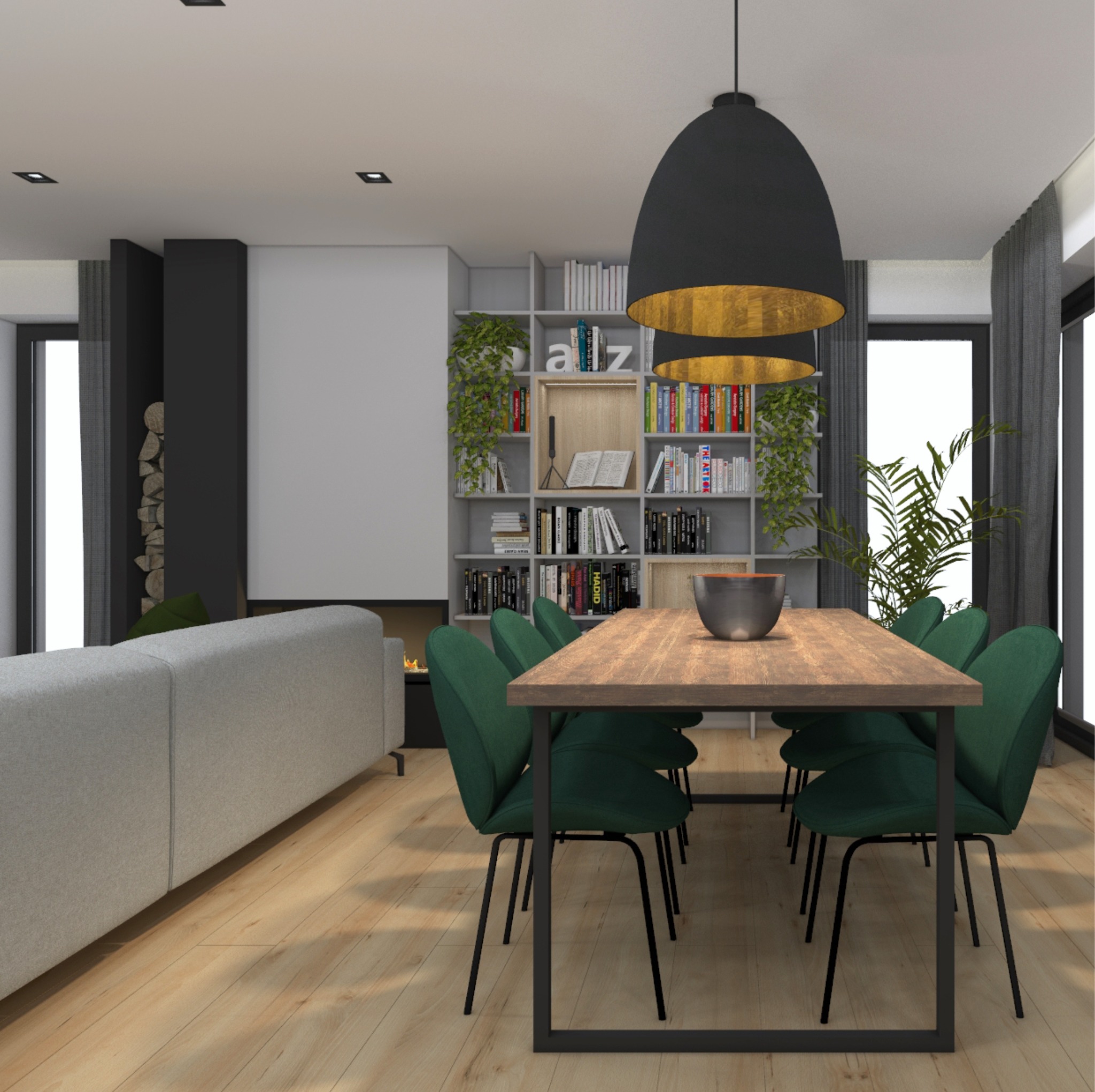 Wizualizacja jadalni z drewnianym stołem, zielonymi krzesłami, szarą sofą i regałem z książkami w tle, oświetlona lampami wiszącymi z złotym wnętrzem.