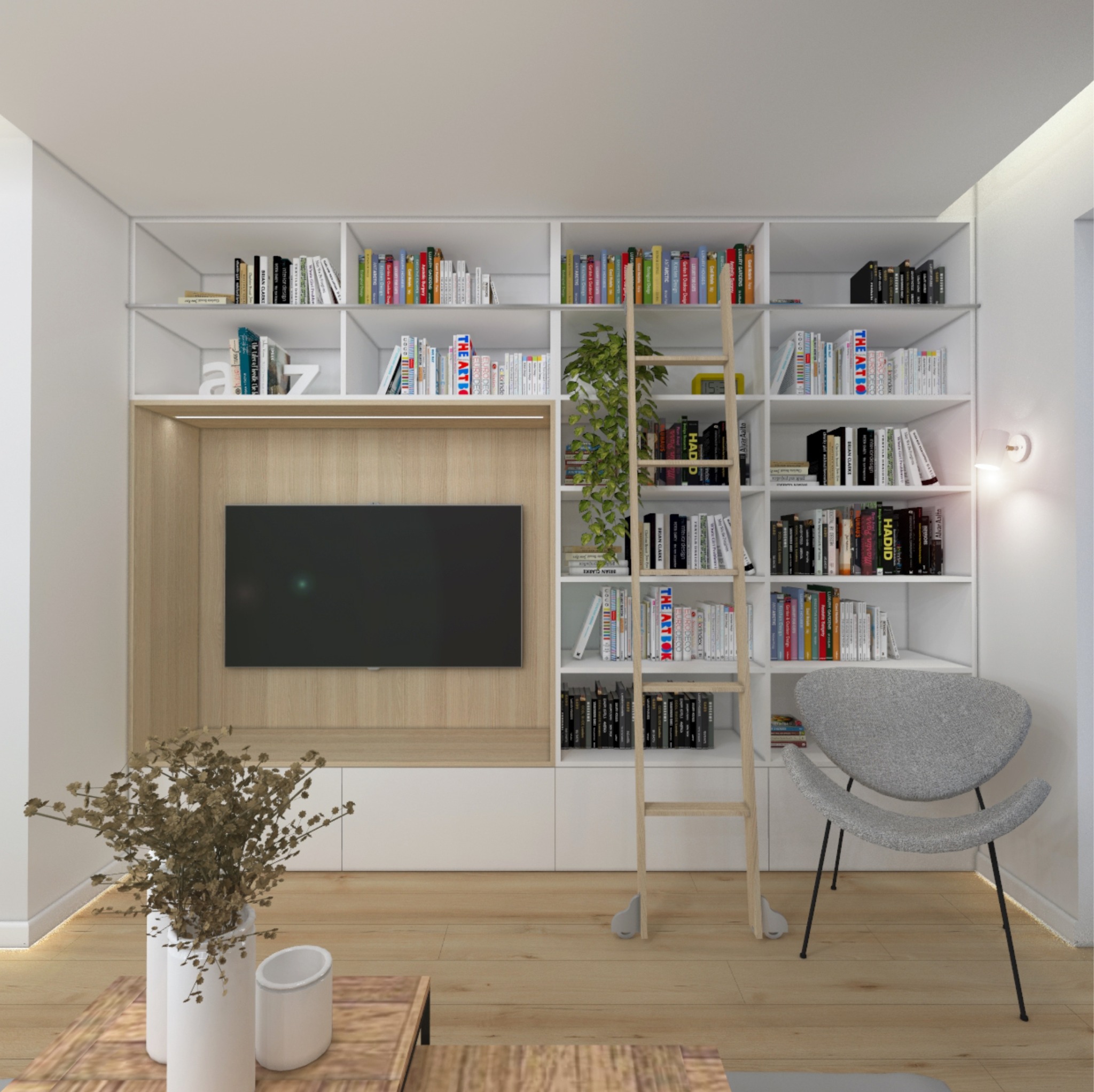 Nowoczesny salon z białą biblioteczką zabudowaną wokół telewizora, drewnianą drabiną, szarą sofą i dekoracyjną rośliną w wazonie na drewnianym stoliku kawowym.
