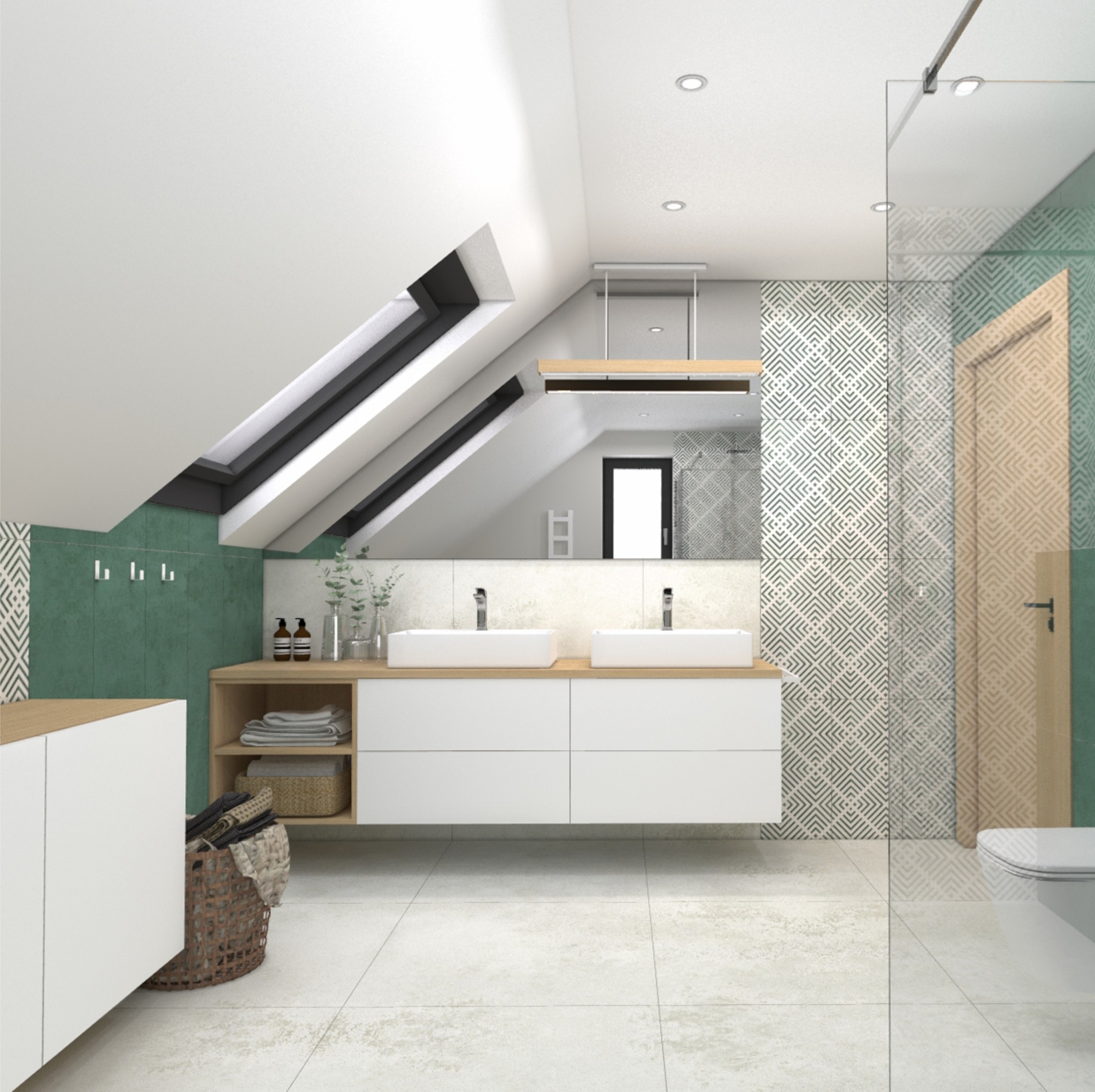 Wizualizacja łazienki na poddaszu z dwoma umywalkami, białymi szafkami, zielonymi płytkami z geometrycznym wzorem i oknem dachowym.
