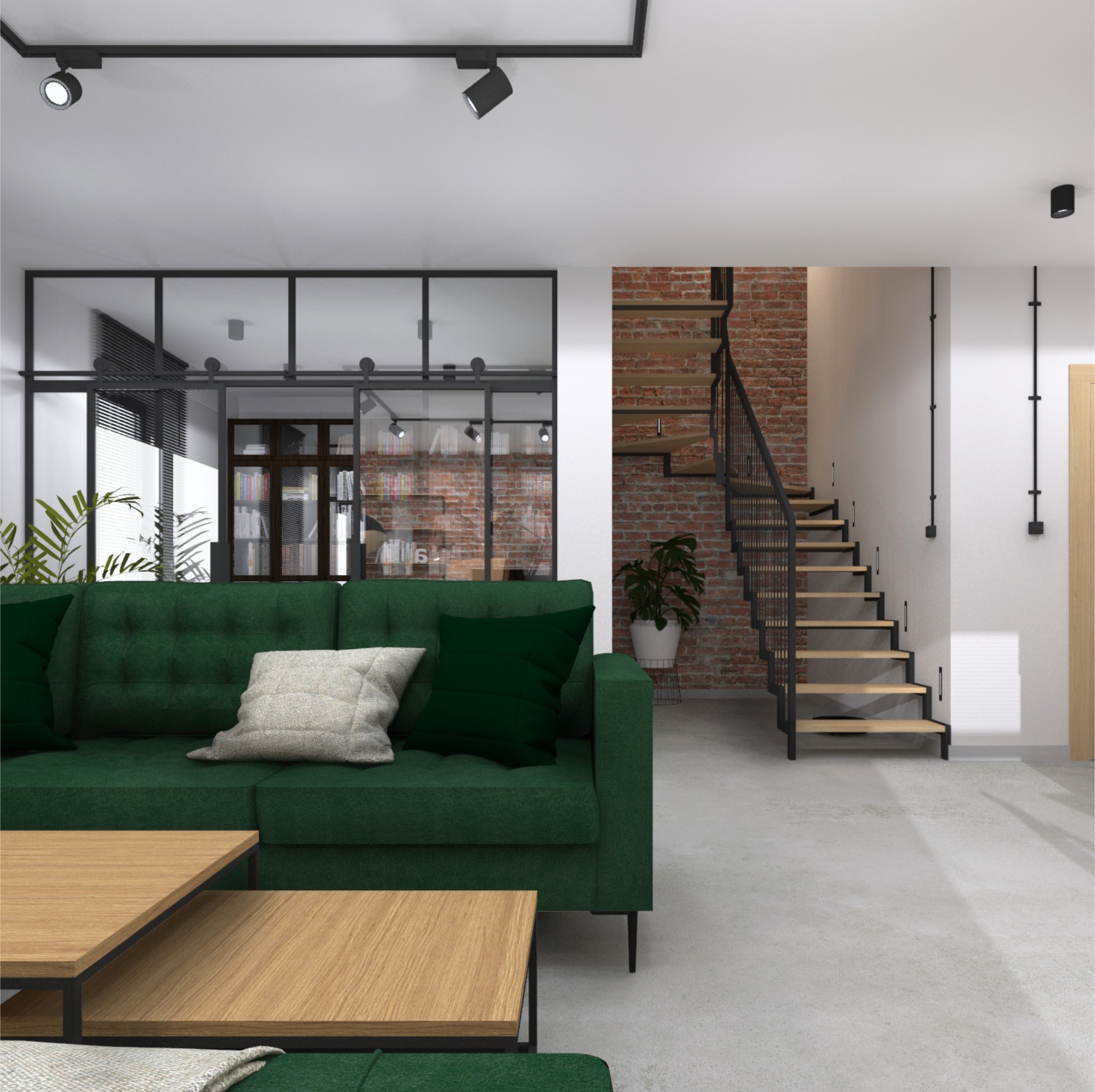 Salon w stylu loft z zieloną sofą, drewnianymi stolikami kawowymi, schodami z metalową balustradą i ścianą z czerwonej cegły, oddzielony szklaną ścianą od biblioteczki.