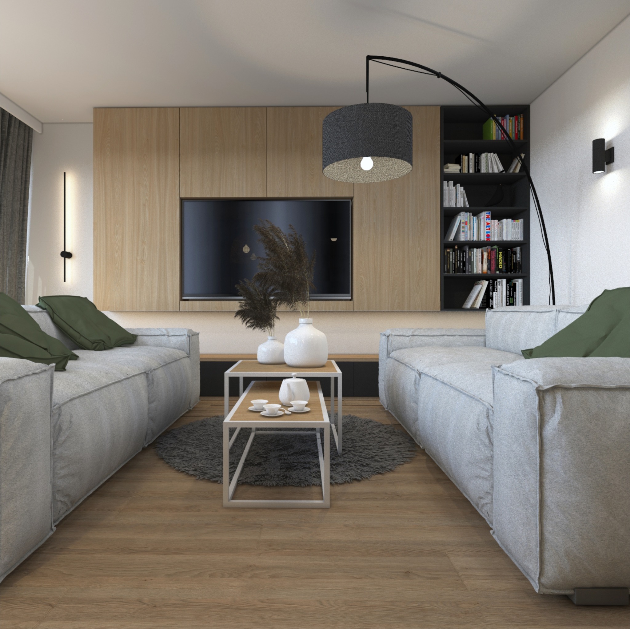 Wizualizacja salonu z dwoma szarymi sofami, drewnianą ścianą z telewizorem, czarnym regałem na książki i szarą lampą łukową