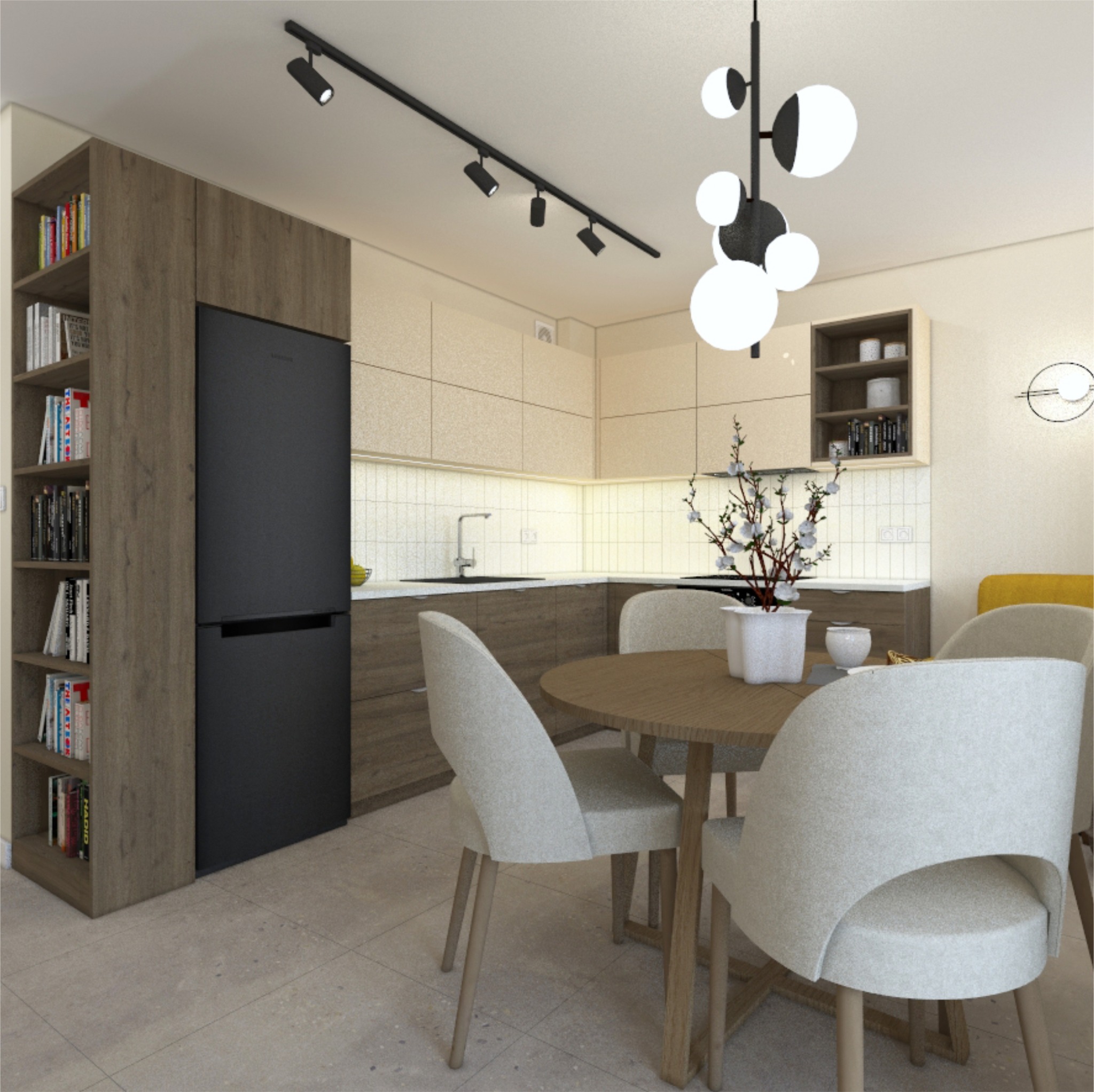 Wizualizacja kuchni z jadalnią, okrągły drewniany stół otoczony tapicerowanymi krzesłami w odcieniach beżu, na stole dekoracja z gałązek w białym wazonie, w tle zabudowa kuchenna z czarną lodówką...